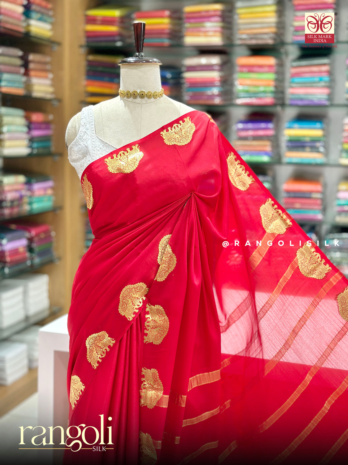 Pure Mysore Crepe Silk Saree with Gold Zari Elephant Motifs - Silk Mark Certified - Post 1064