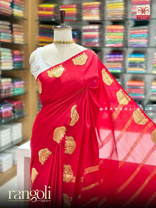Pure Mysore Crepe Silk Saree with Gold Zari Elephant Motifs - Silk Mark Certified - Post 1064