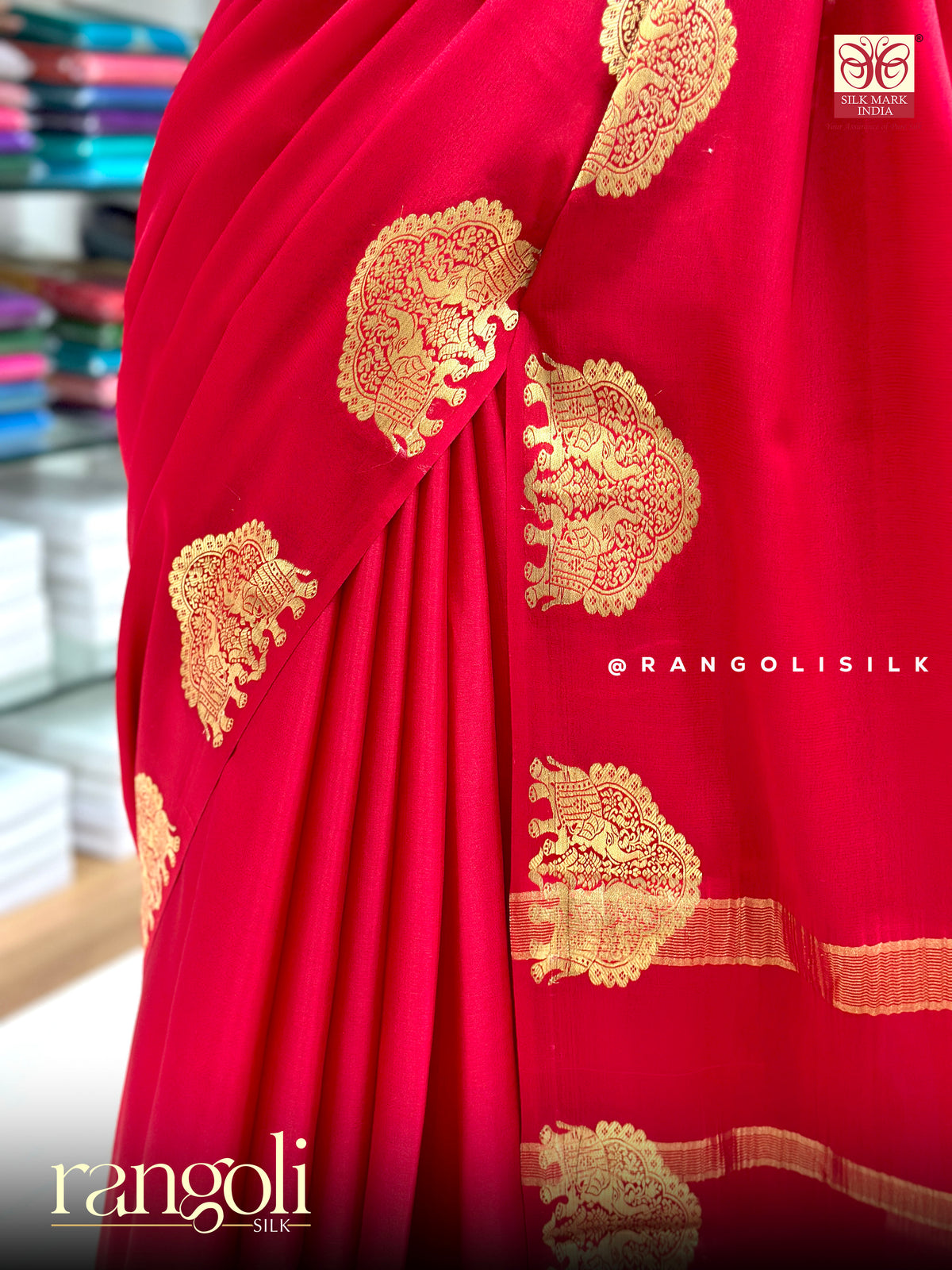 Pure Mysore Crepe Silk Saree with Gold Zari Elephant Motifs - Silk Mark Certified - Post 1064