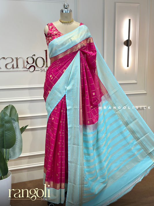 Semi Kanjivaram Silk Saree with Vintage Checks, Traditional Motifs & Rich Pallu - Post 977
