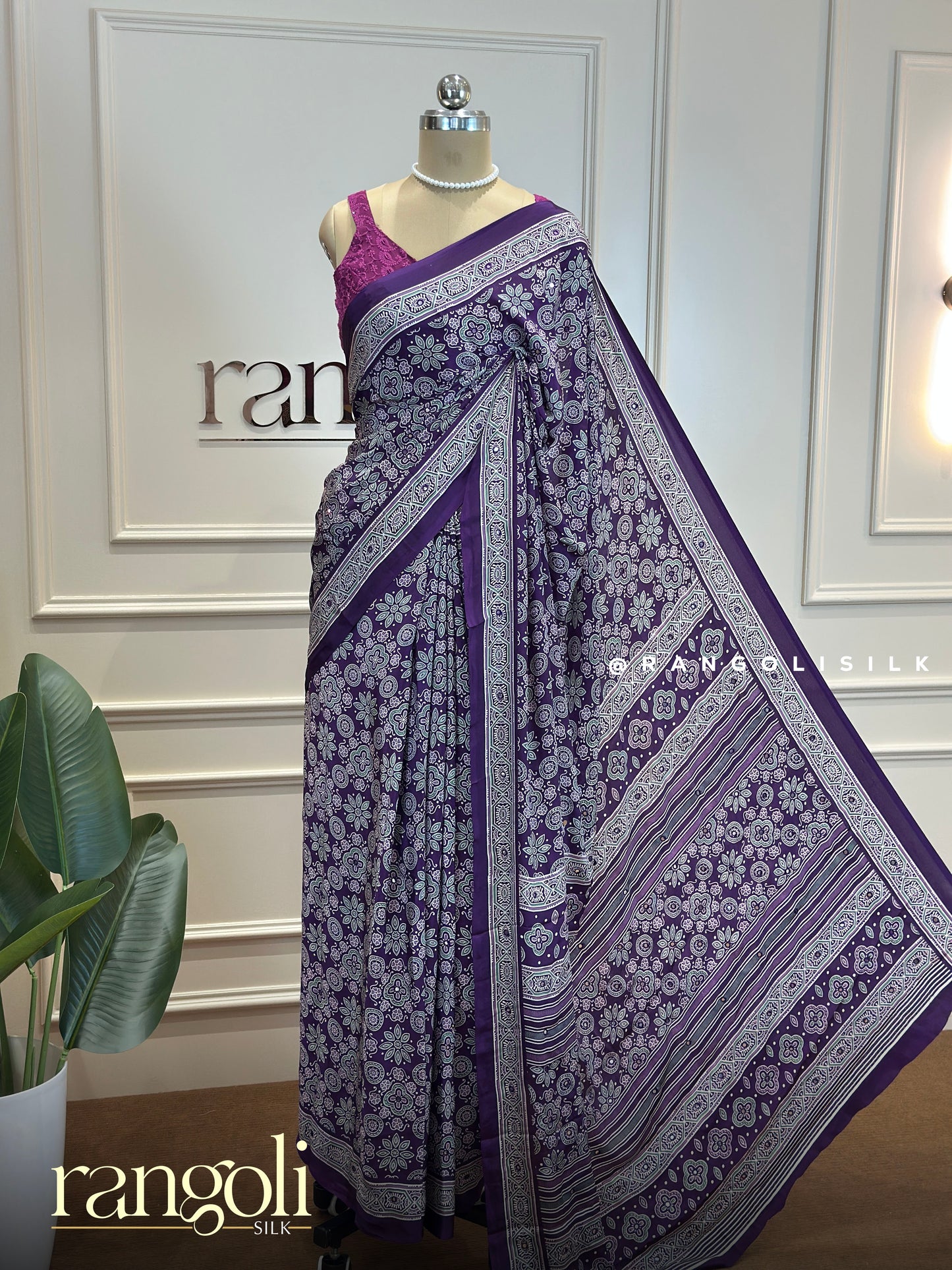 Ajrakh Print Dola Silk Saree in Black & Purple - Post 737