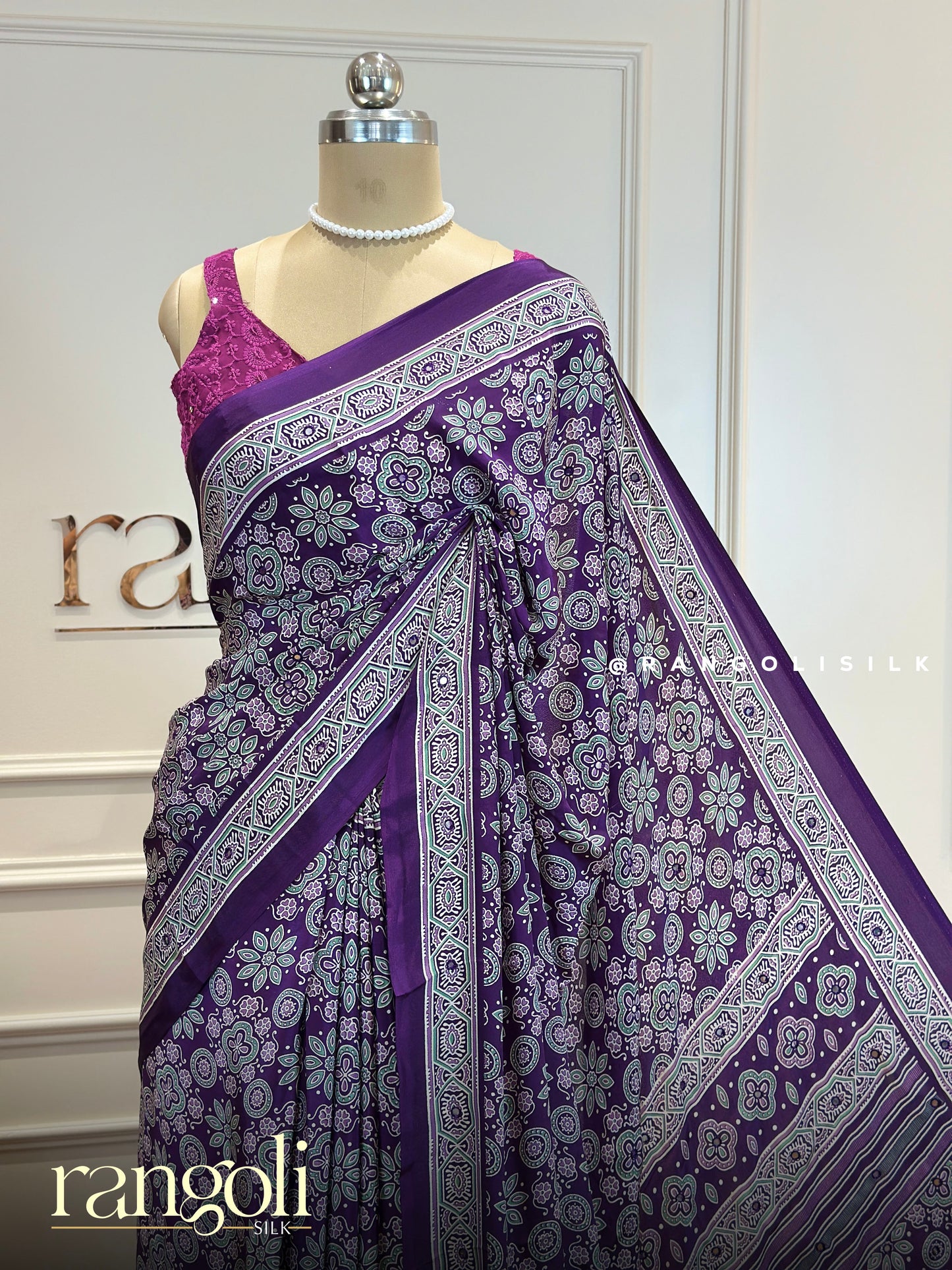 Ajrakh Print Dola Silk Saree in Black & Purple - Post 737