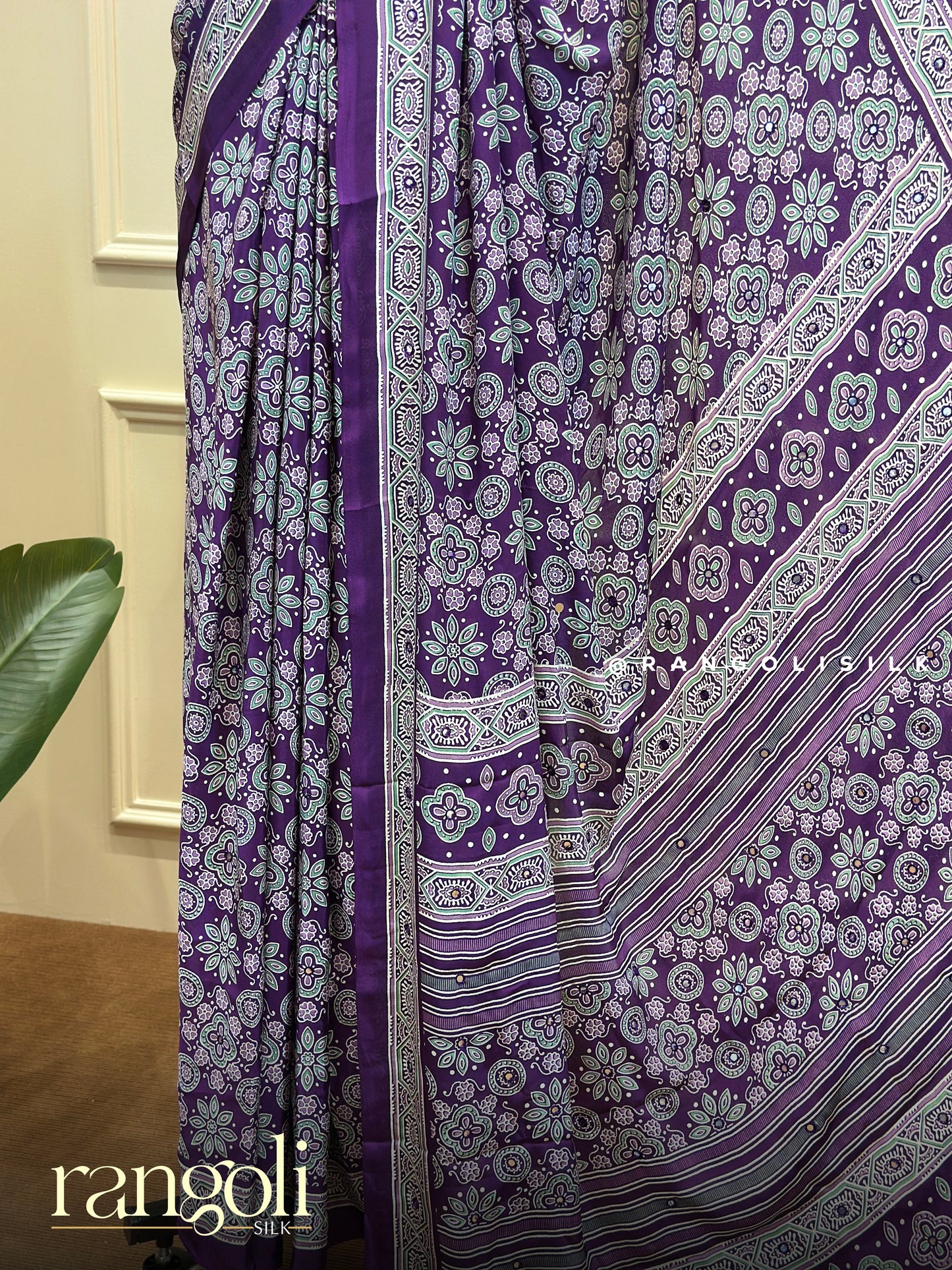 Ajrakh Print Dola Silk Saree in Black & Purple - Post 737
