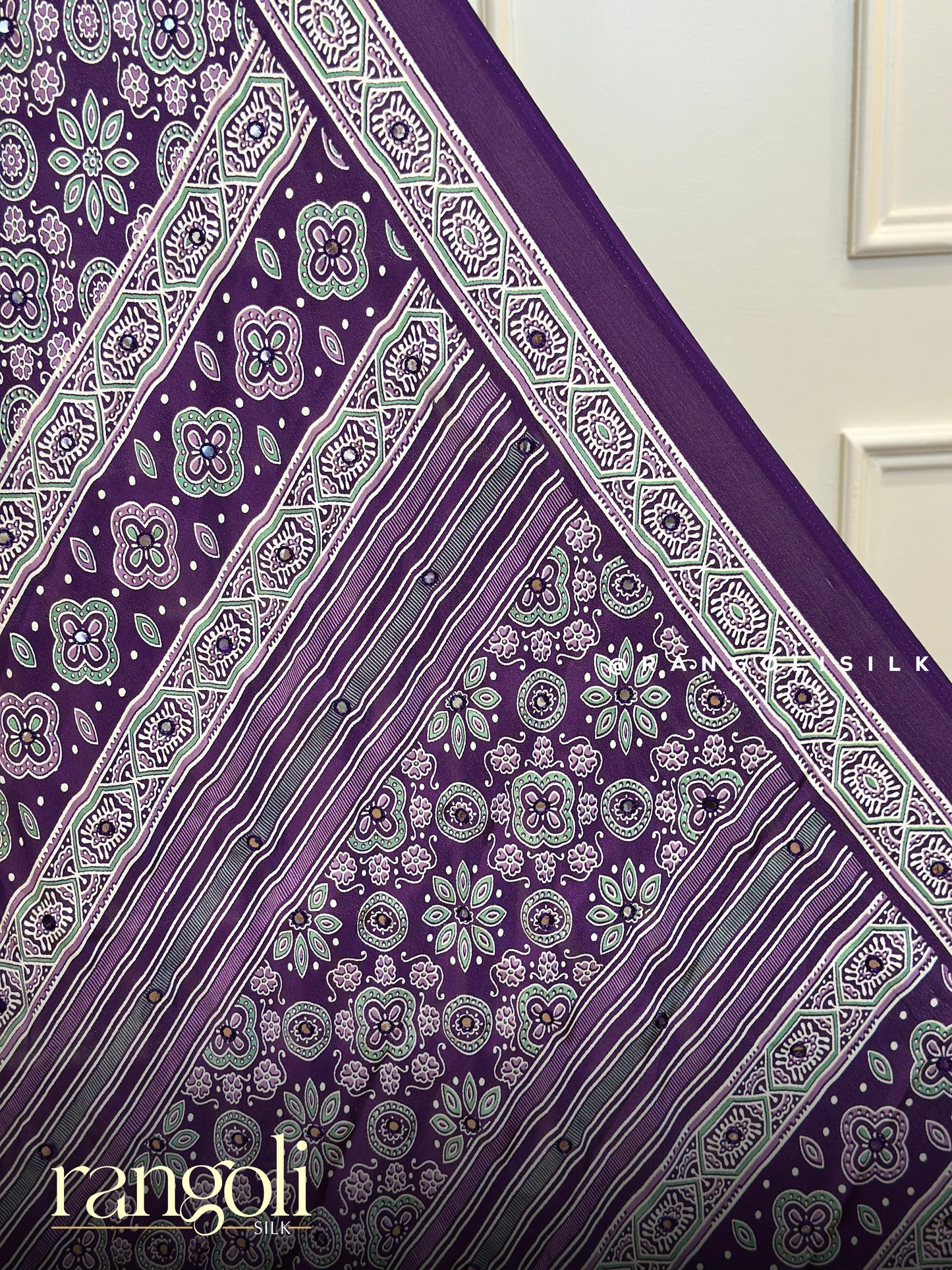 Ajrakh Print Dola Silk Saree in Black & Purple - Post 737