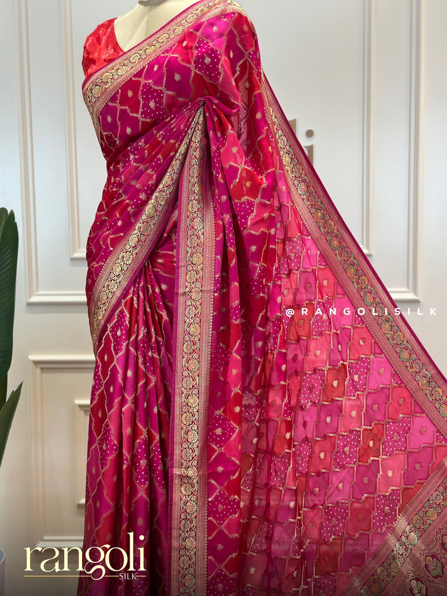 Banarasi Bandhani Saree with Intricate Golden Zari Borders - Post 449