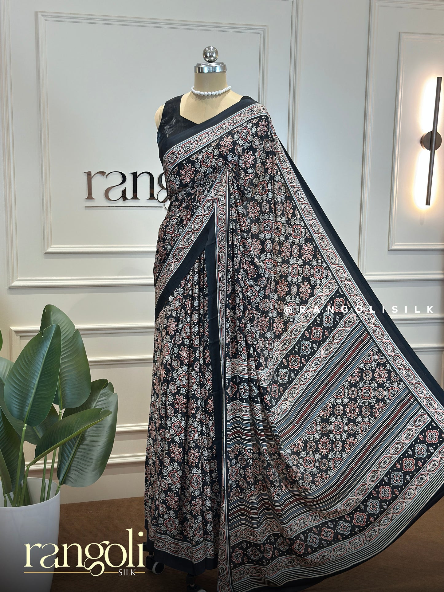 Ajrakh Print Dola Silk Saree in Black & Purple - Post 737