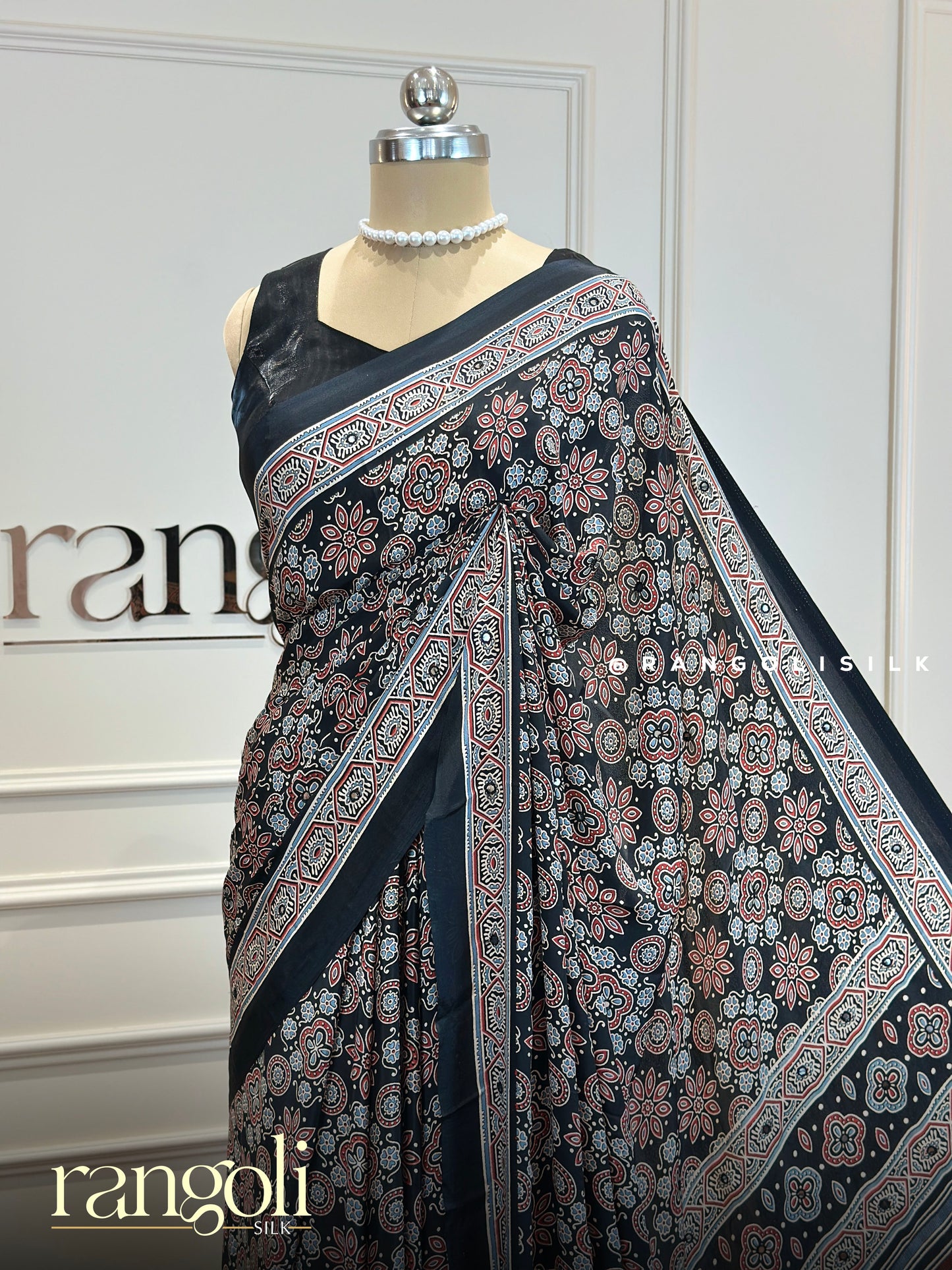 Ajrakh Print Dola Silk Saree in Black & Purple - Post 737