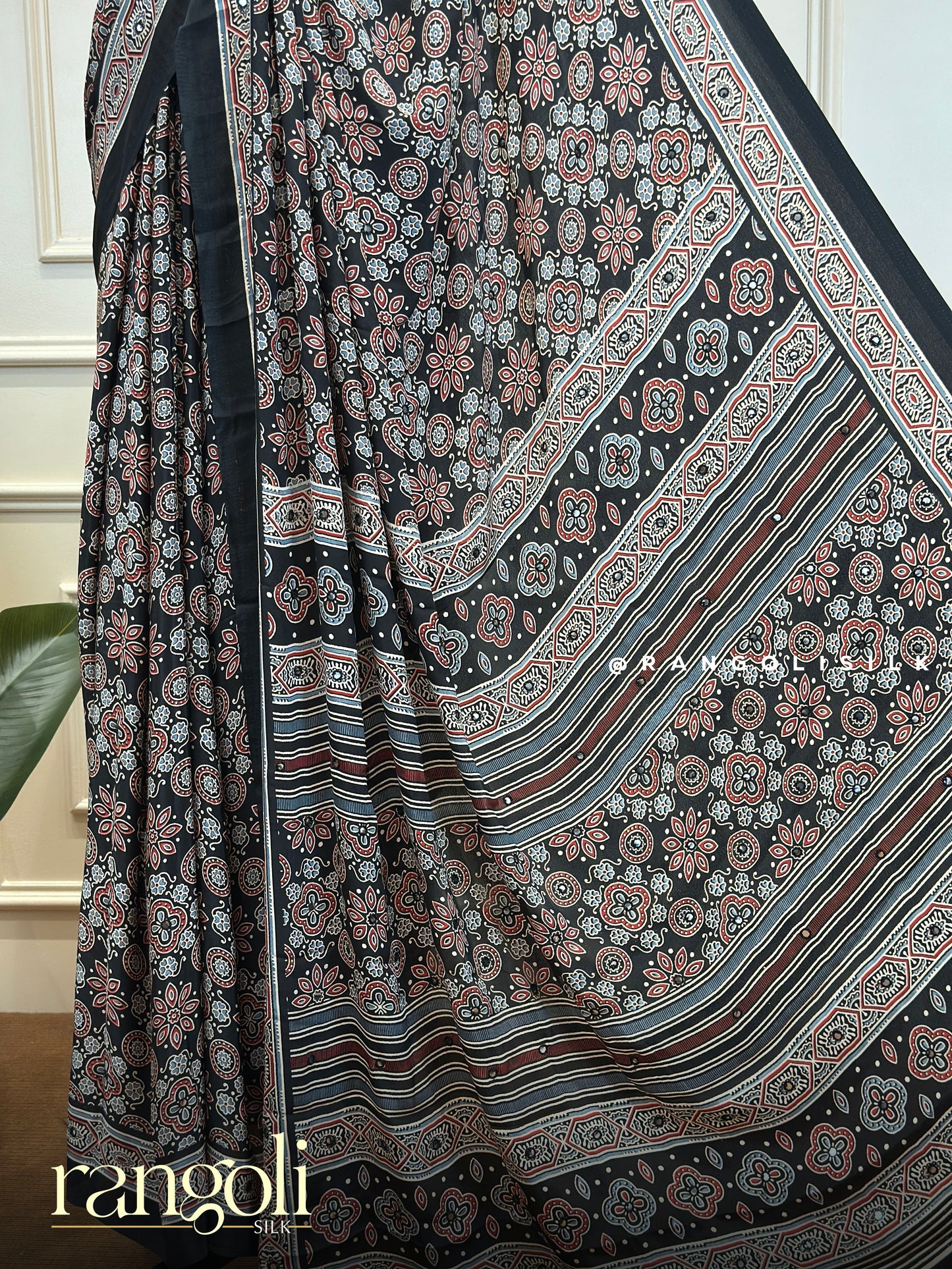 Ajrakh Print Dola Silk Saree in Black & Purple - Post 737