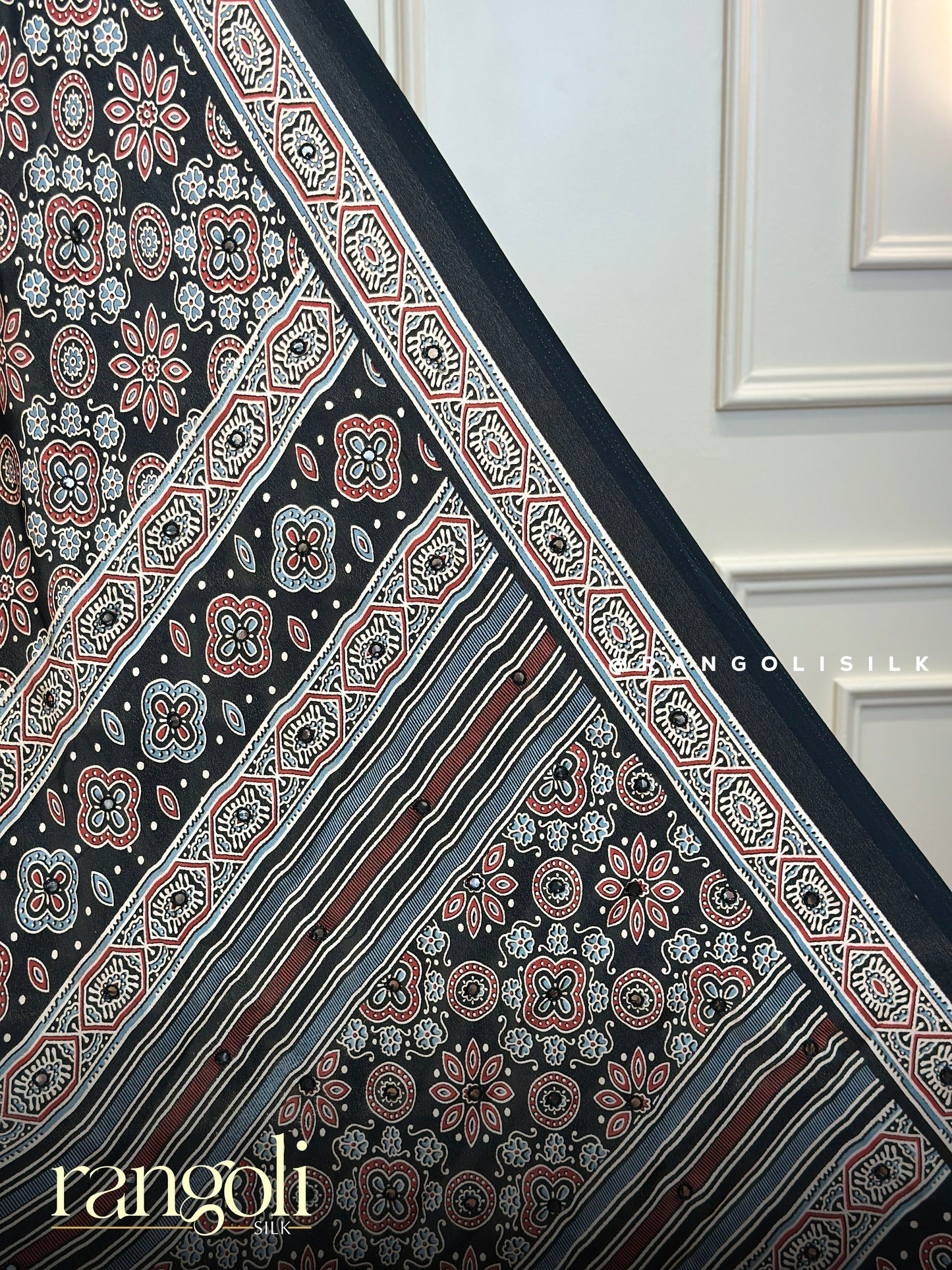 Ajrakh Print Dola Silk Saree in Black & Purple - Post 737