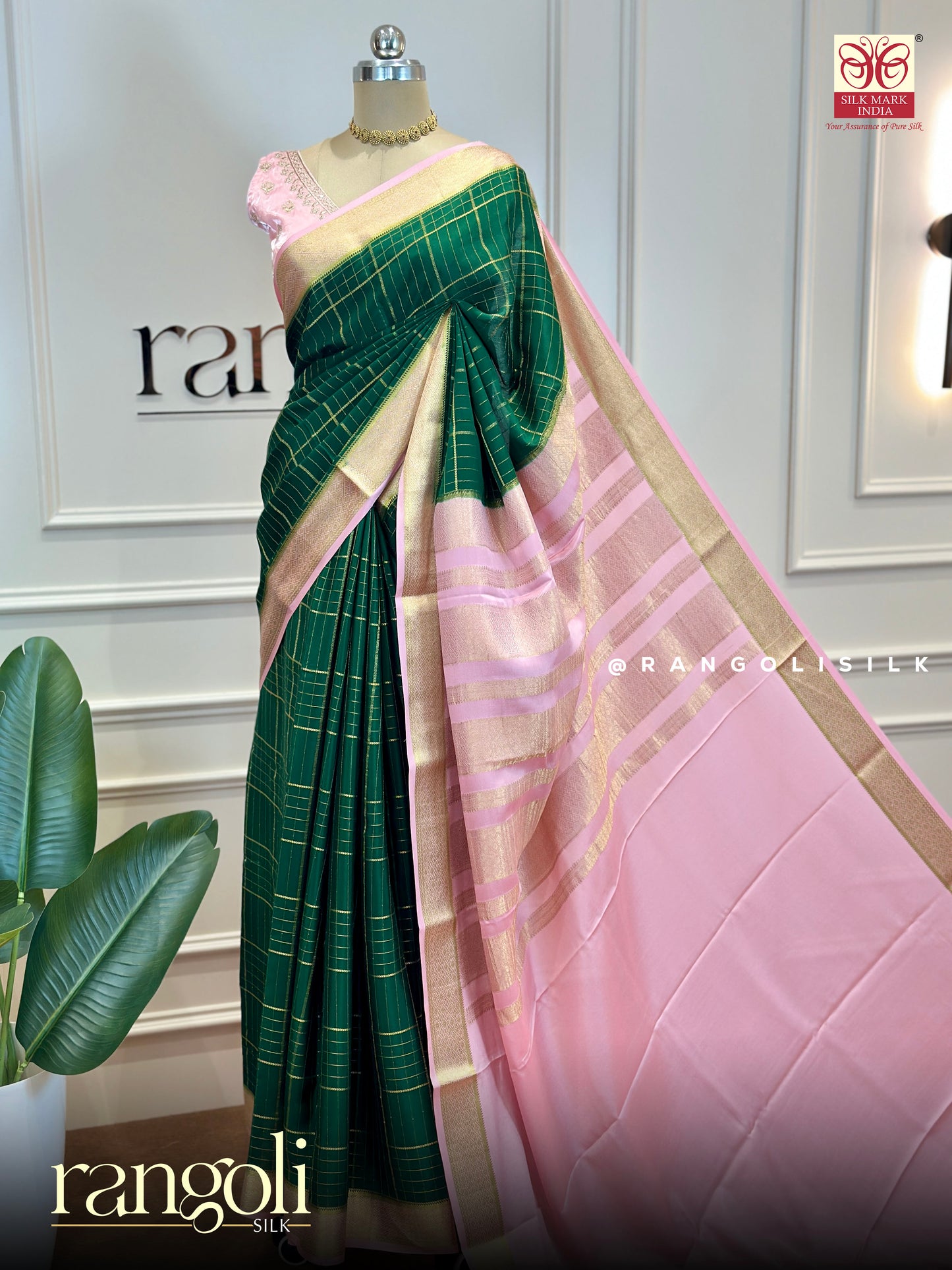 Pure Mysore Silk Saree – Deep Green & Blush Pink with Gold Border - Post 735