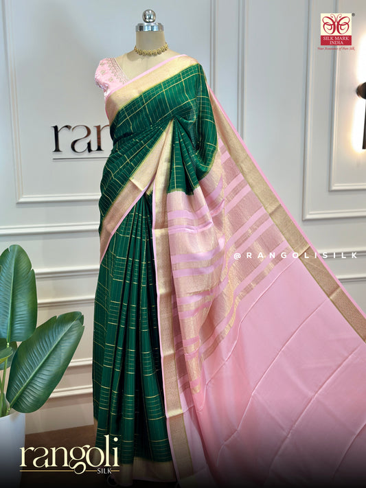 Pure Mysore Silk Saree – Deep Green & Blush Pink with Gold Border - Post 735