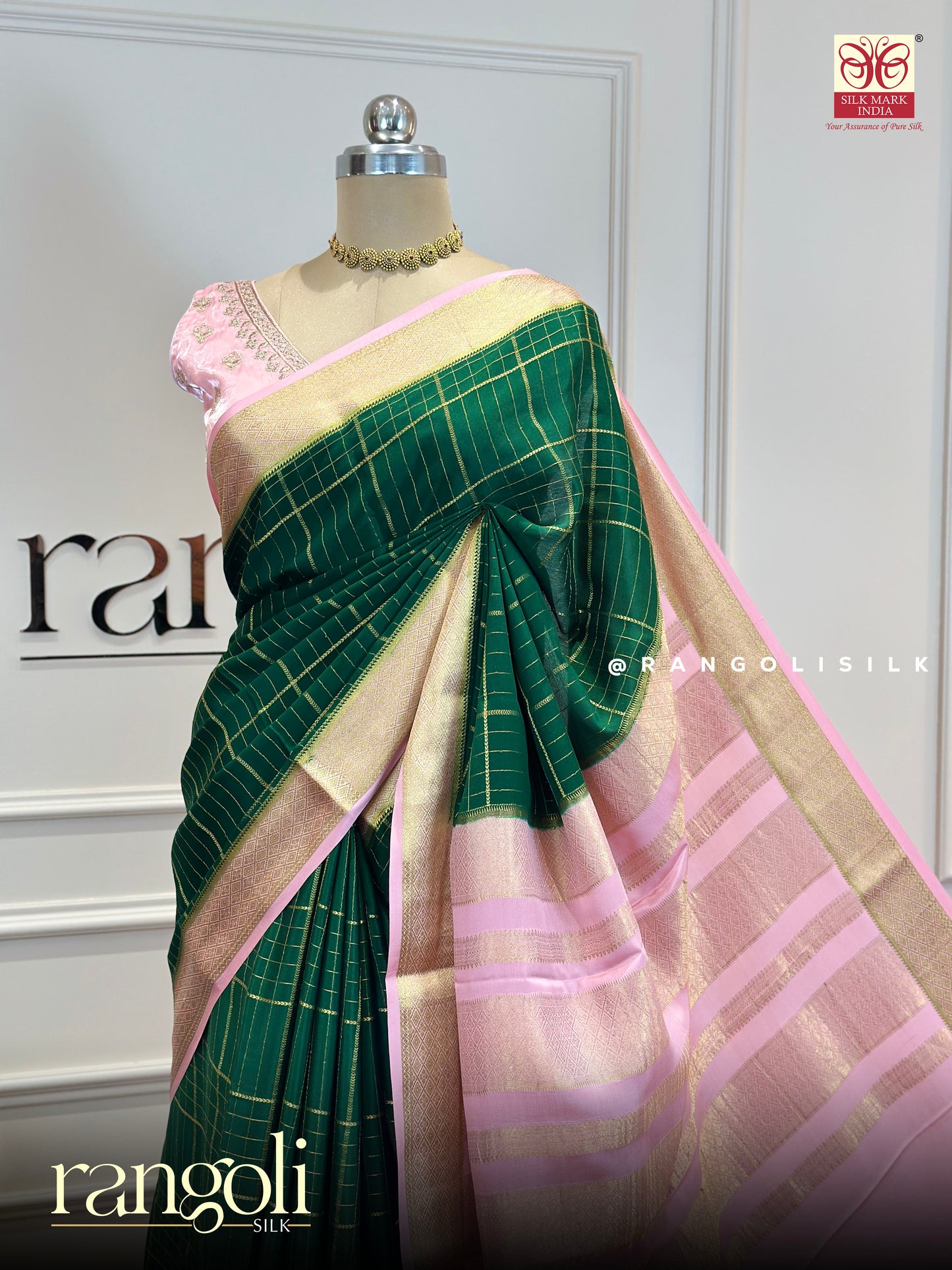 Pure Mysore Silk Saree – Deep Green & Blush Pink with Gold Border - Post 735