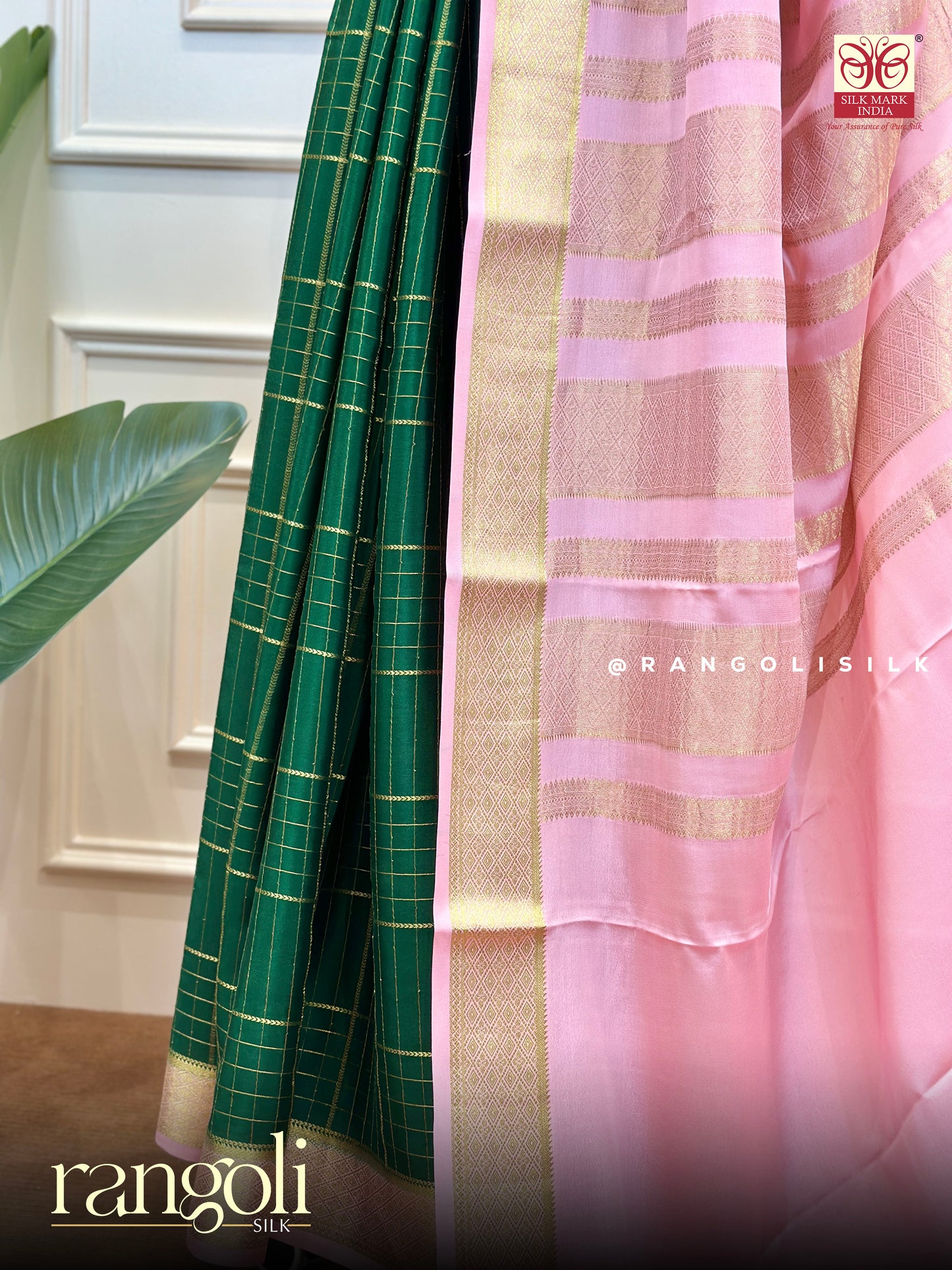 Pure Mysore Silk Saree – Deep Green & Blush Pink with Gold Border - Post 735