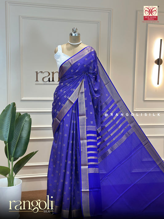 Pure Mysore Silk Saree – Royal Blue with Elegant Checked Pattern - Post 556