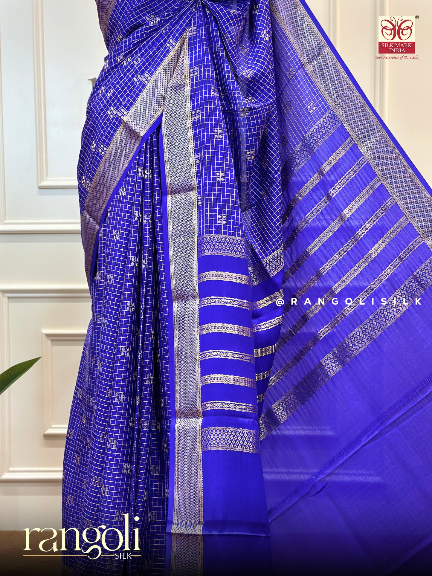 Pure Mysore Silk Saree – Royal Blue with Elegant Checked Pattern - Post 556