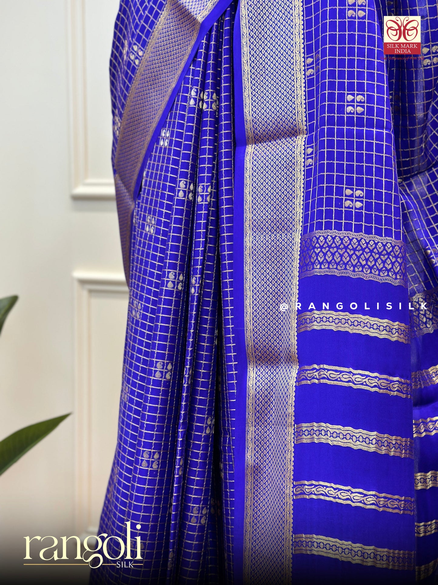 Pure Mysore Silk Saree – Royal Blue with Elegant Checked Pattern - Post 556