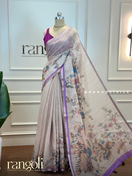 Elegant Cotton Saree with Elephant & Peacock Motifs and Delicate Floral Design - Post 560