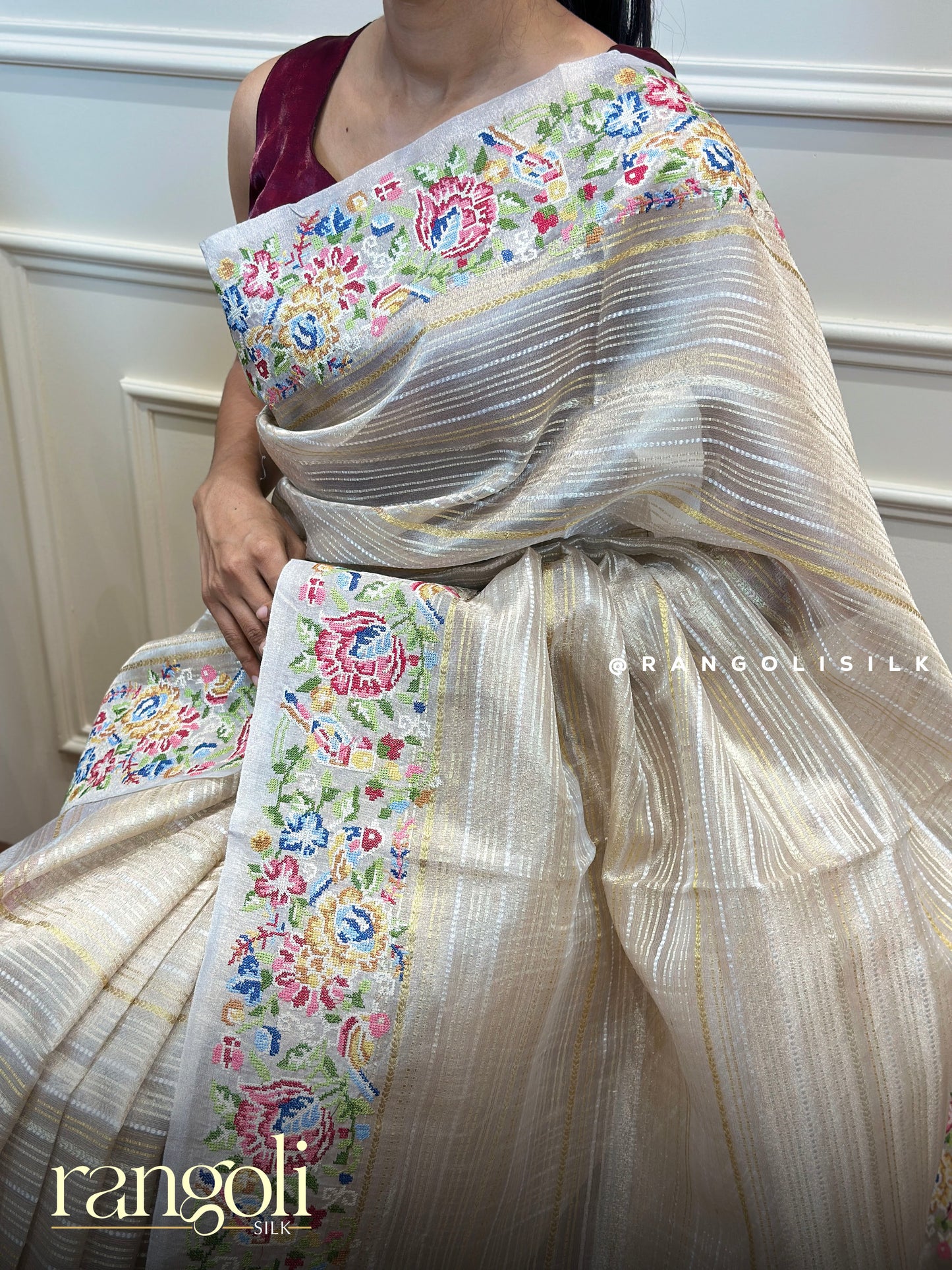 Multicolour Embroidered Mix Cotton Saree with Striped Detailing - Post 855