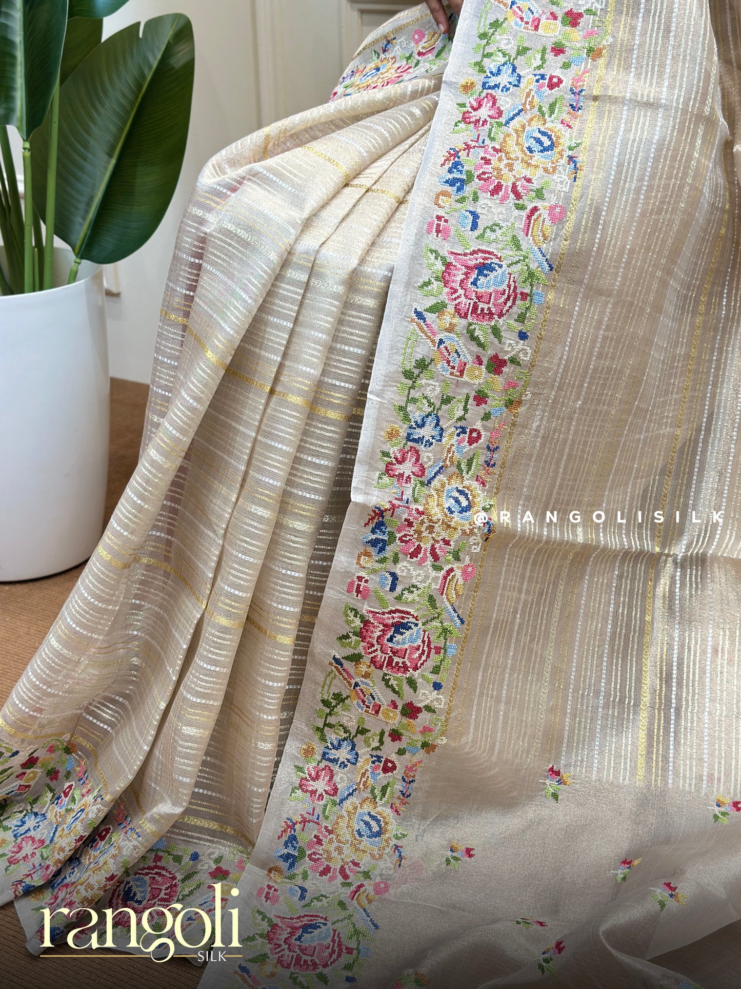 Multicolour Embroidered Mix Cotton Saree with Striped Detailing - Post 855