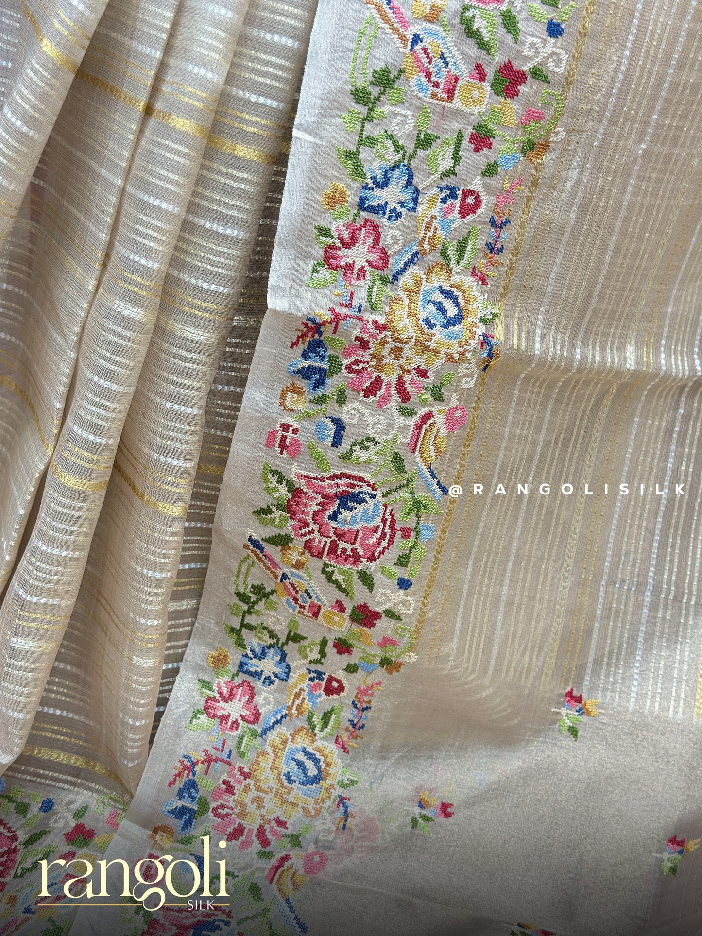 Multicolour Embroidered Mix Cotton Saree with Striped Detailing - Post 855