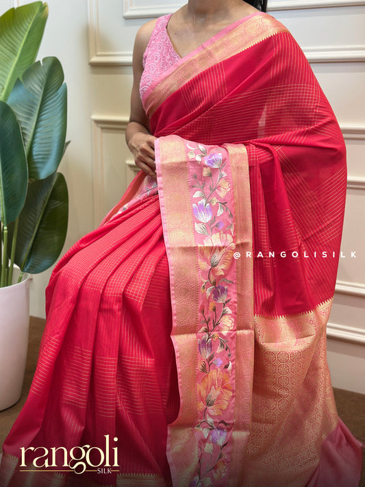 Semi Mysore Silk Saree in Crepe Fabric with Floral Embroidered Border - Post 859