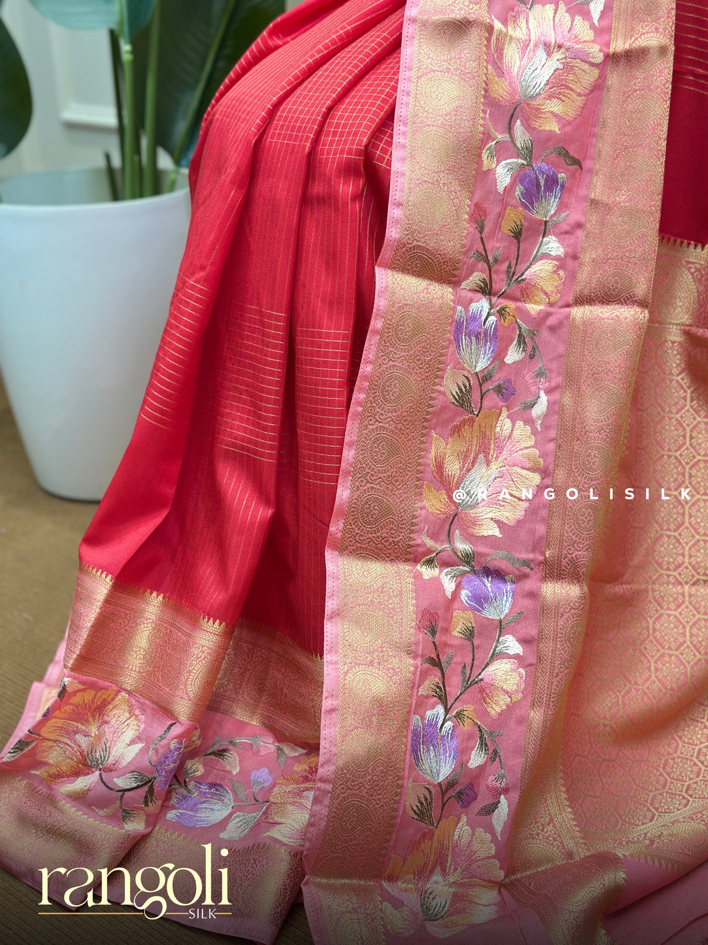 Semi Mysore Silk Saree in Crepe Fabric with Floral Embroidered Border - Post 859