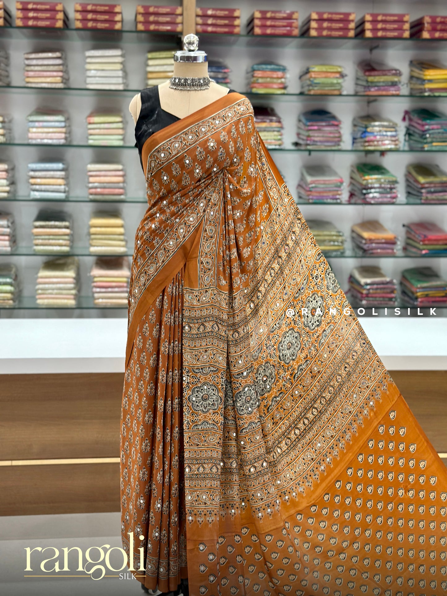 Ajrakh Printed Mirror Work Saree with Ethnic Motifs & Designer Pallu - Post 971