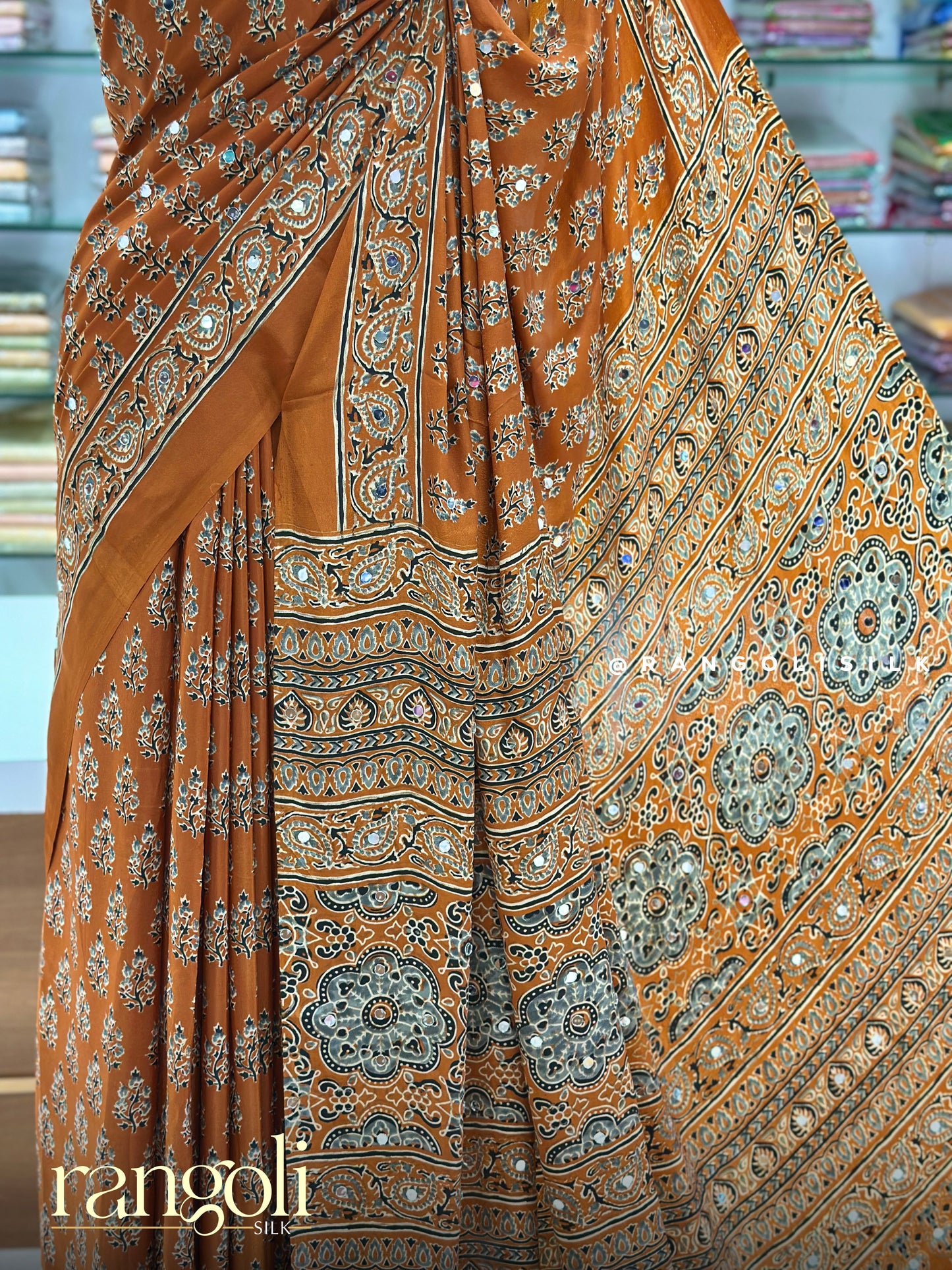 Ajrakh Printed Mirror Work Saree with Ethnic Motifs & Designer Pallu - Post 971