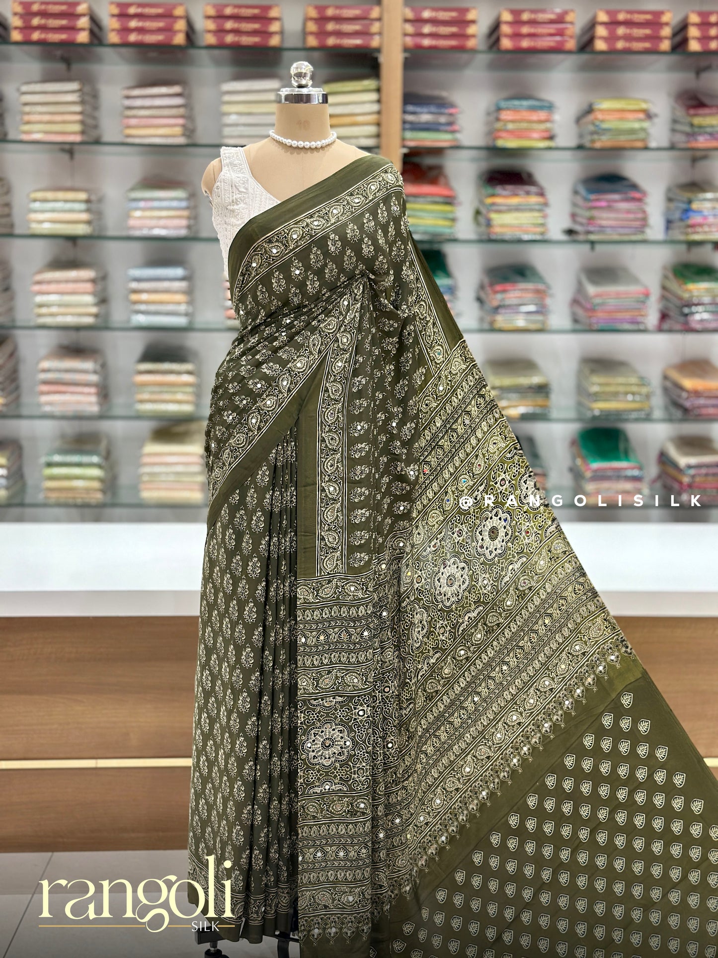 Ajrakh Printed Mirror Work Saree with Ethnic Motifs & Designer Pallu - Post 971