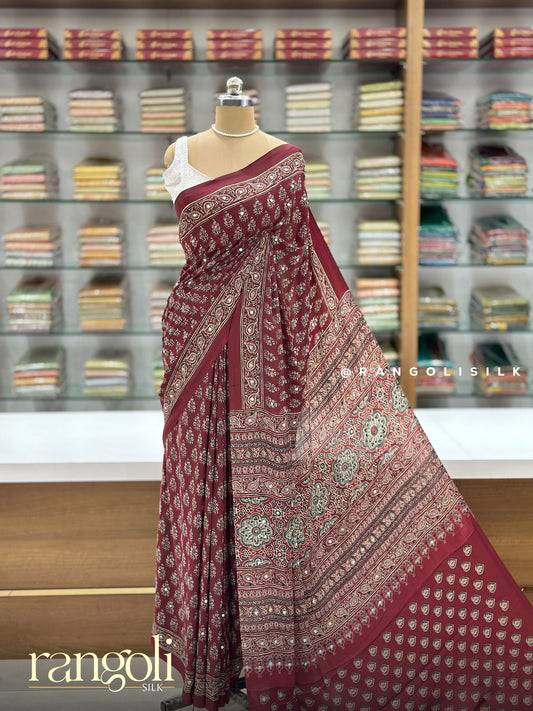 Ajrakh Printed Mirror Work Saree with Ethnic Motifs & Designer Pallu - Post 971