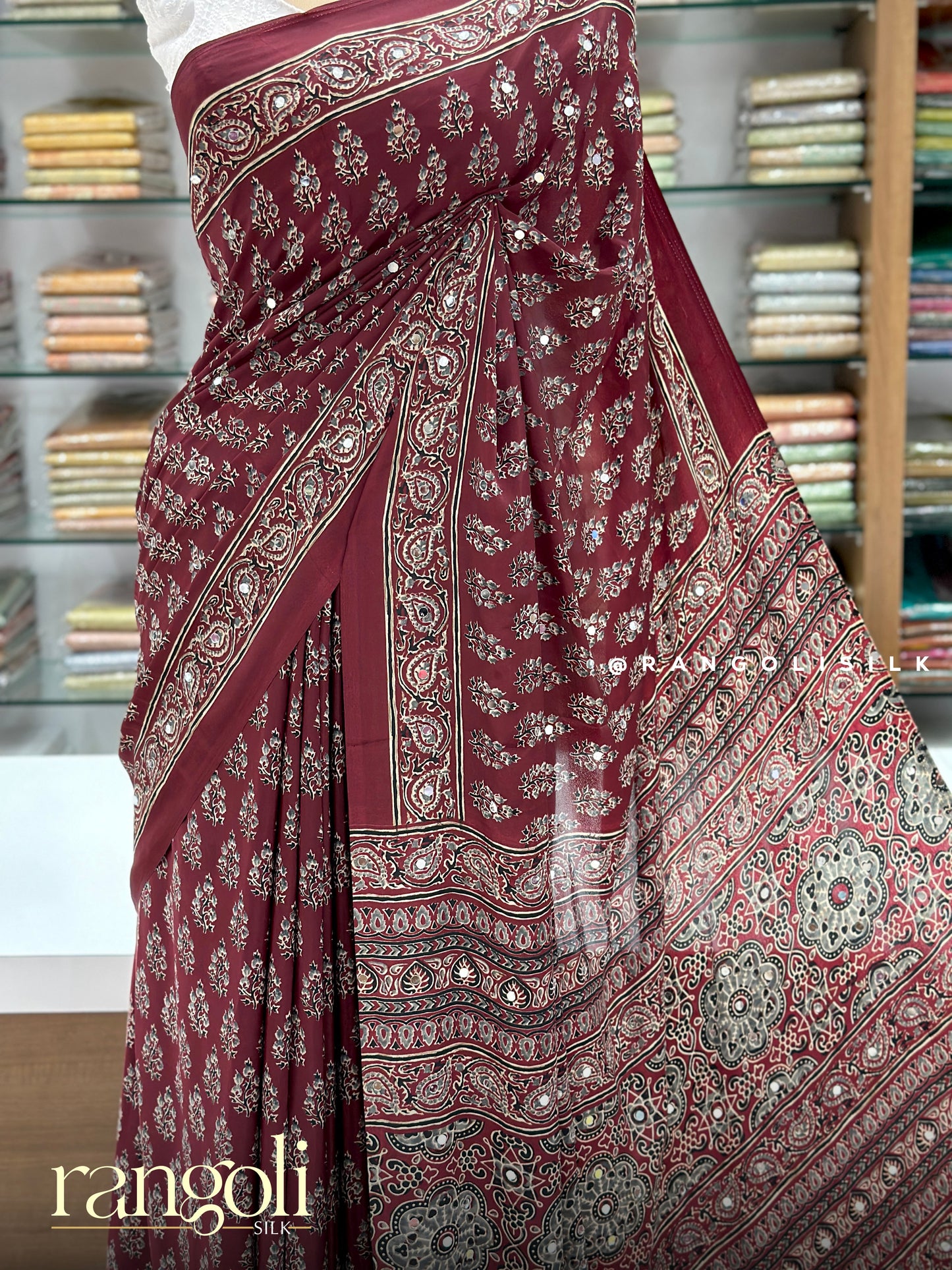 Ajrakh Printed Mirror Work Saree with Ethnic Motifs & Designer Pallu - Post 971