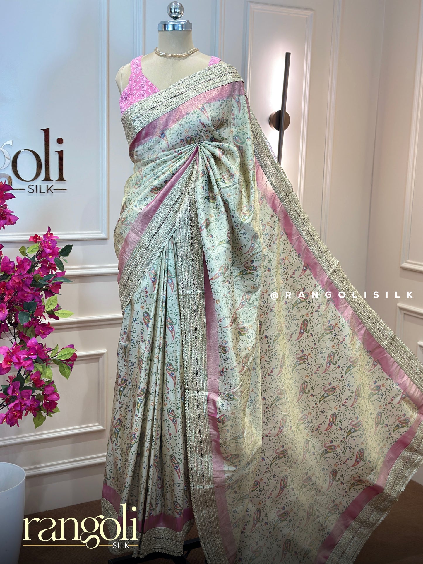 Pastel Tissue Organza Saree with Floral Designs & Pink Border - Post 853