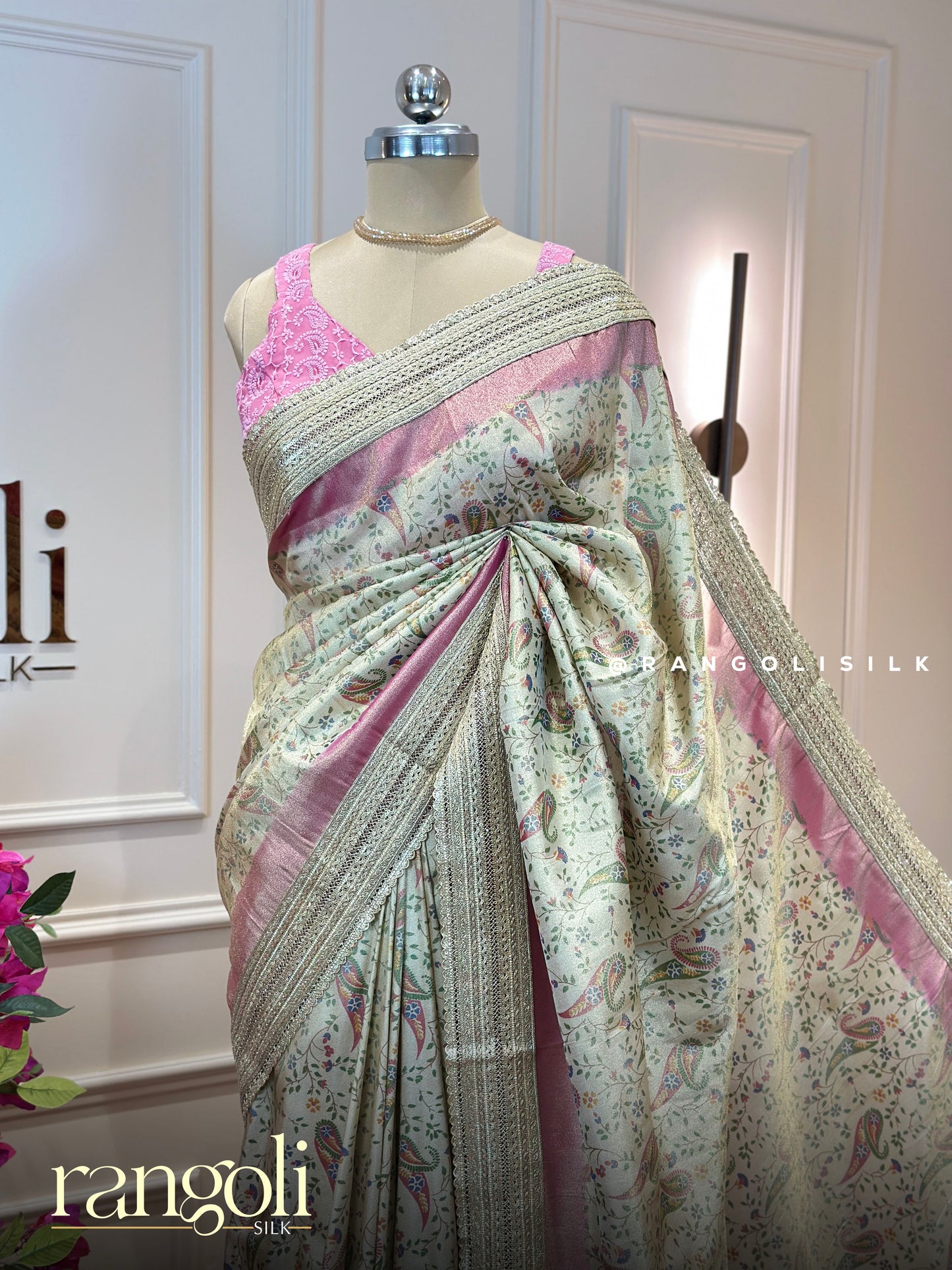 Pastel Tissue Organza Saree with Floral Designs & Pink Border - Post 853