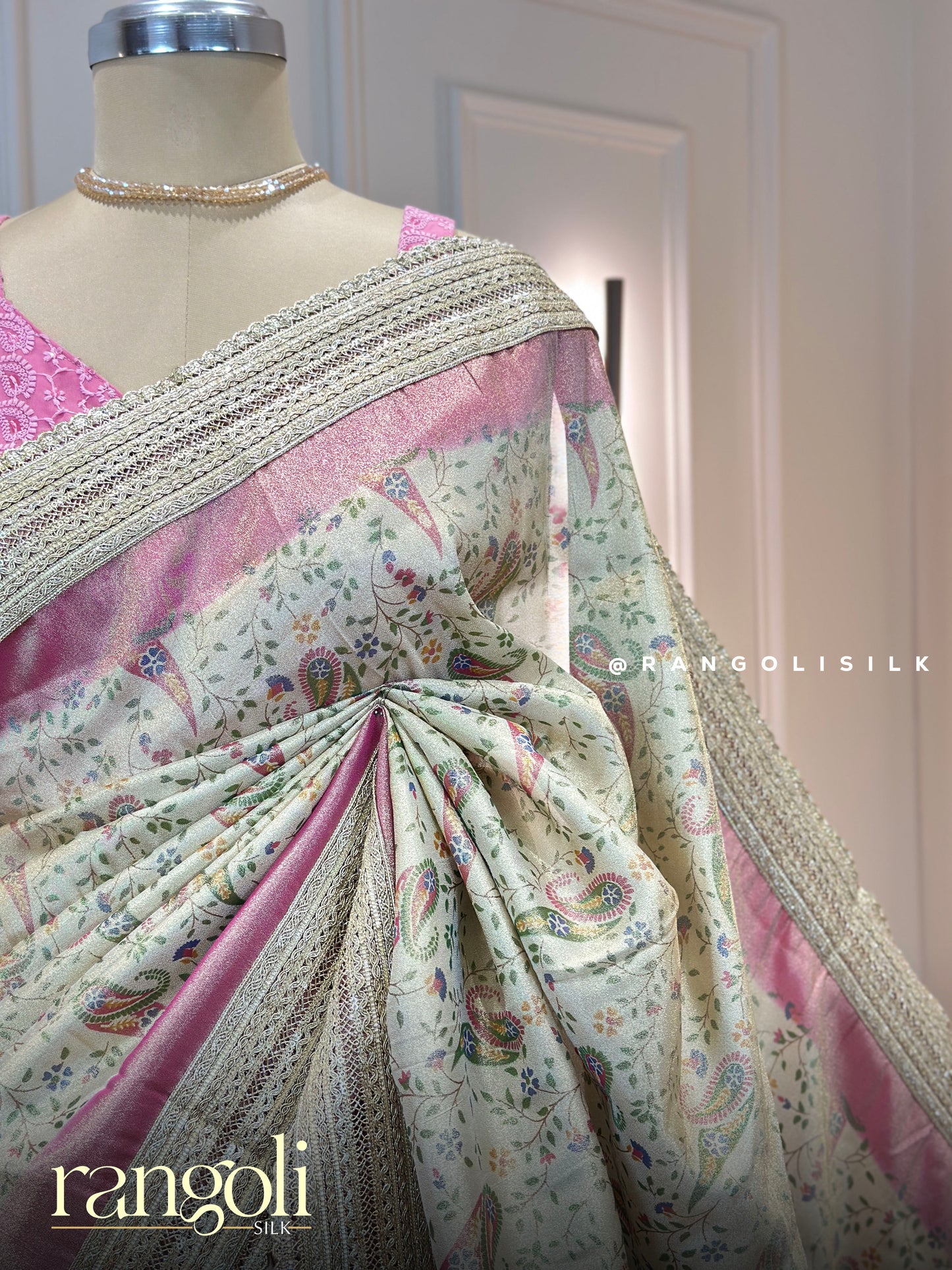 Pastel Tissue Organza Saree with Floral Designs & Pink Border - Post 853