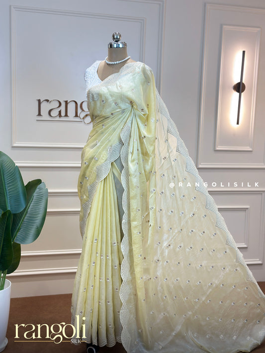 Soft Lemon Shade Designer Saree with Delicate Embroidery & Scalloped Lace - Post 564