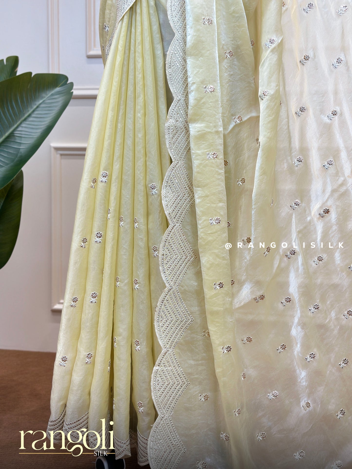 Soft Lemon Shade Designer Saree with Delicate Embroidery & Scalloped Lace - Post 564