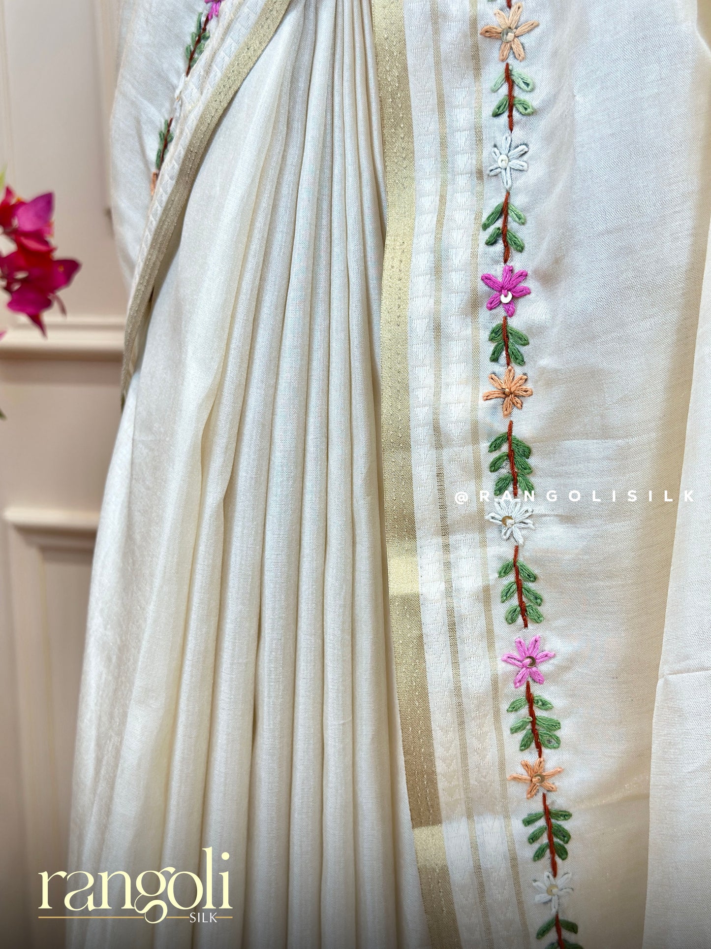 Elegant Off-White Cotton Saree with Floral Embroidery & Woven Pallu - Post 662