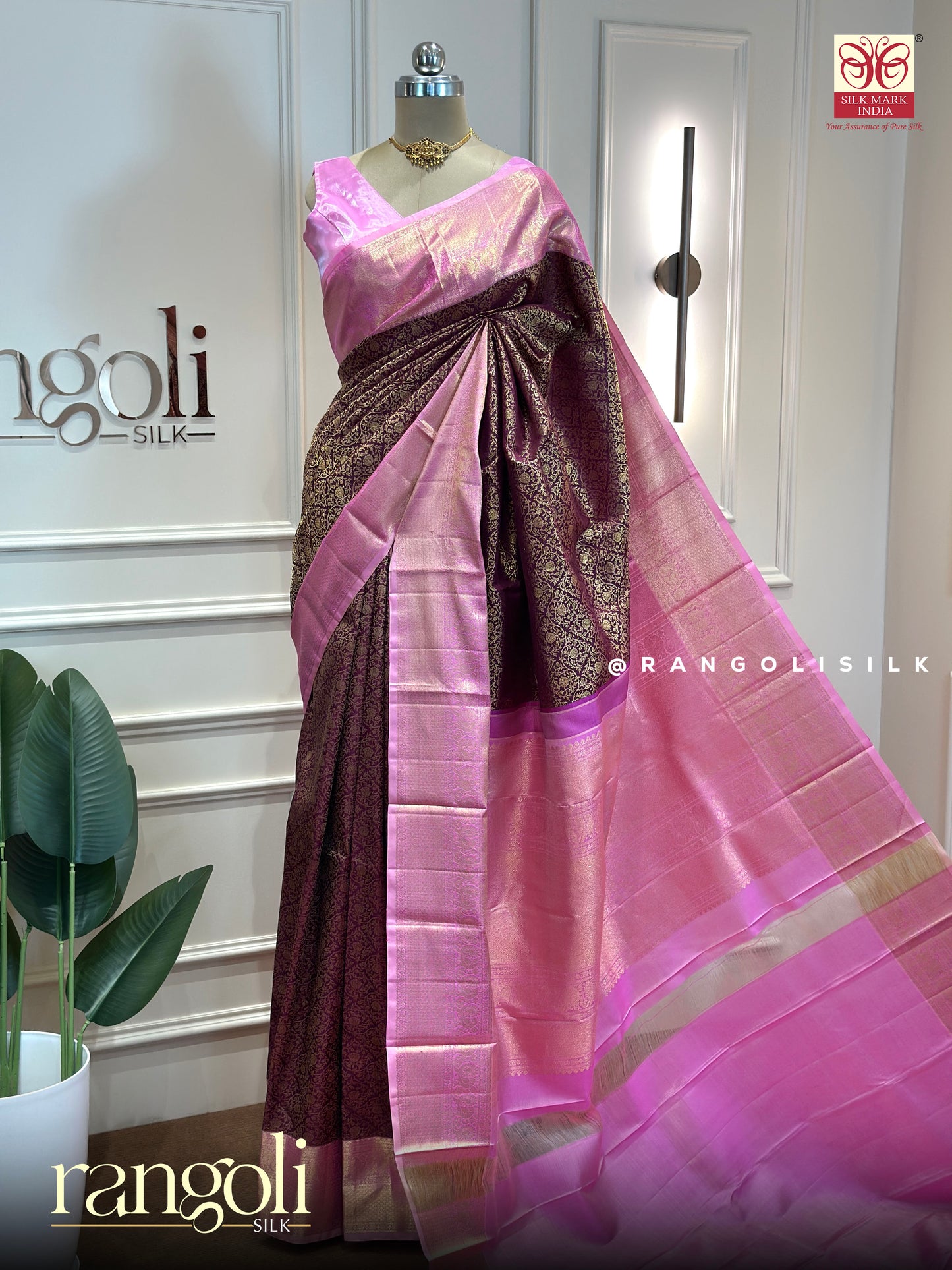 Pure Kanjivaram Silk Saree in Deep Wine Purple & Pink with Rich Gold Zari Weaving - Silk Mark Certified - Post 975