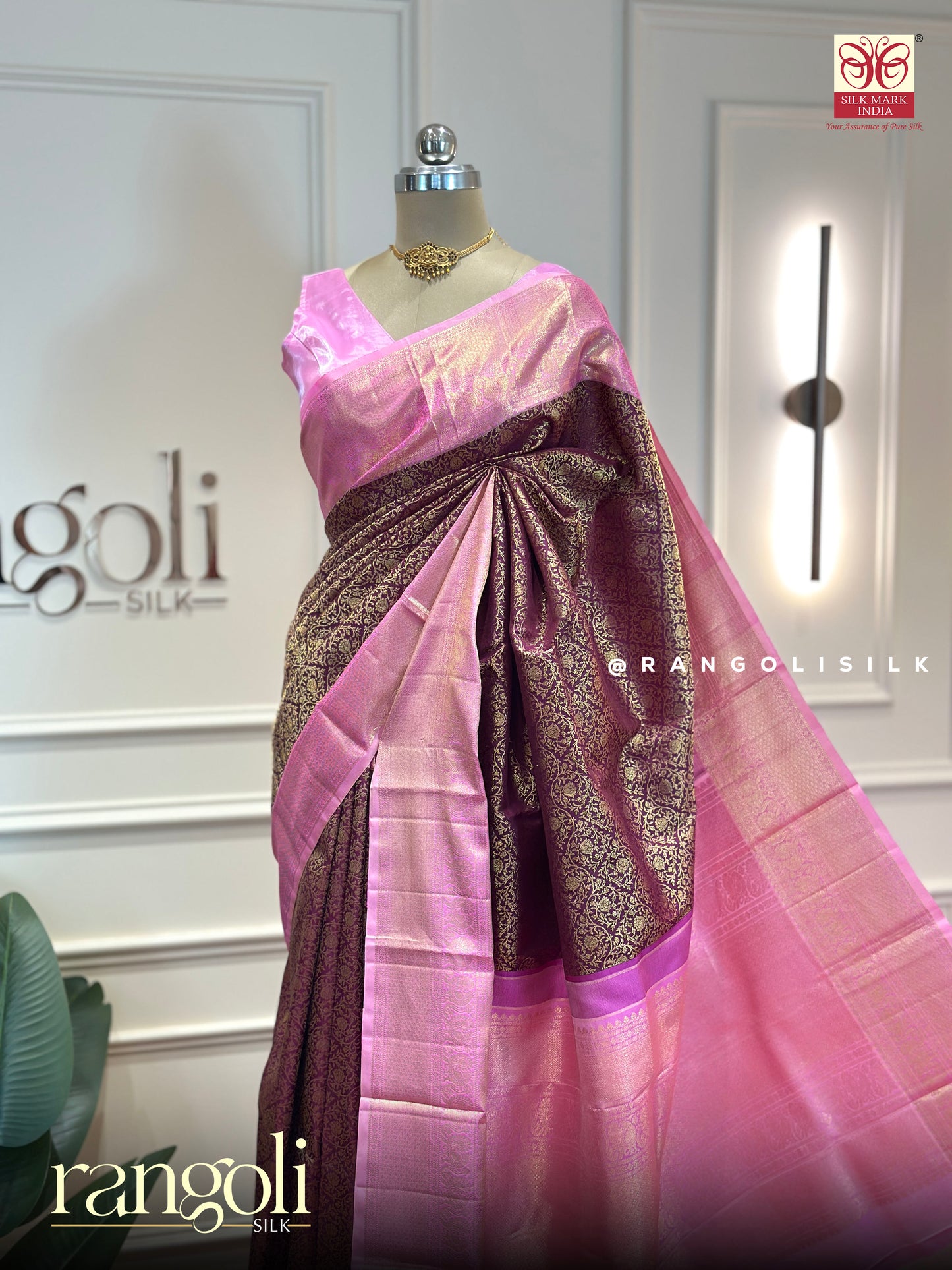 Pure Kanjivaram Silk Saree in Deep Wine Purple & Pink with Rich Gold Zari Weaving - Silk Mark Certified - Post 975