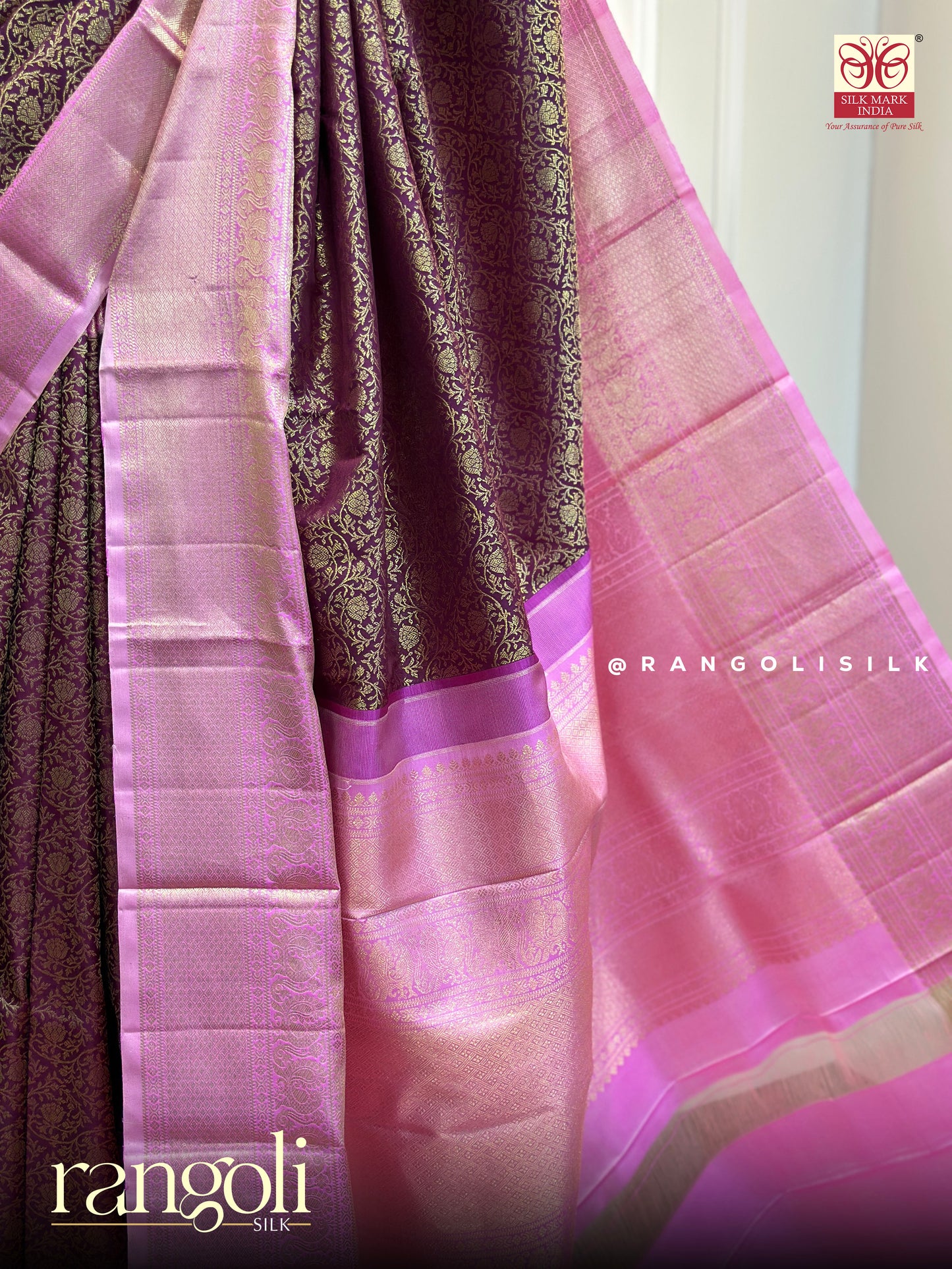 Pure Kanjivaram Silk Saree in Deep Wine Purple & Pink with Rich Gold Zari Weaving - Silk Mark Certified - Post 975