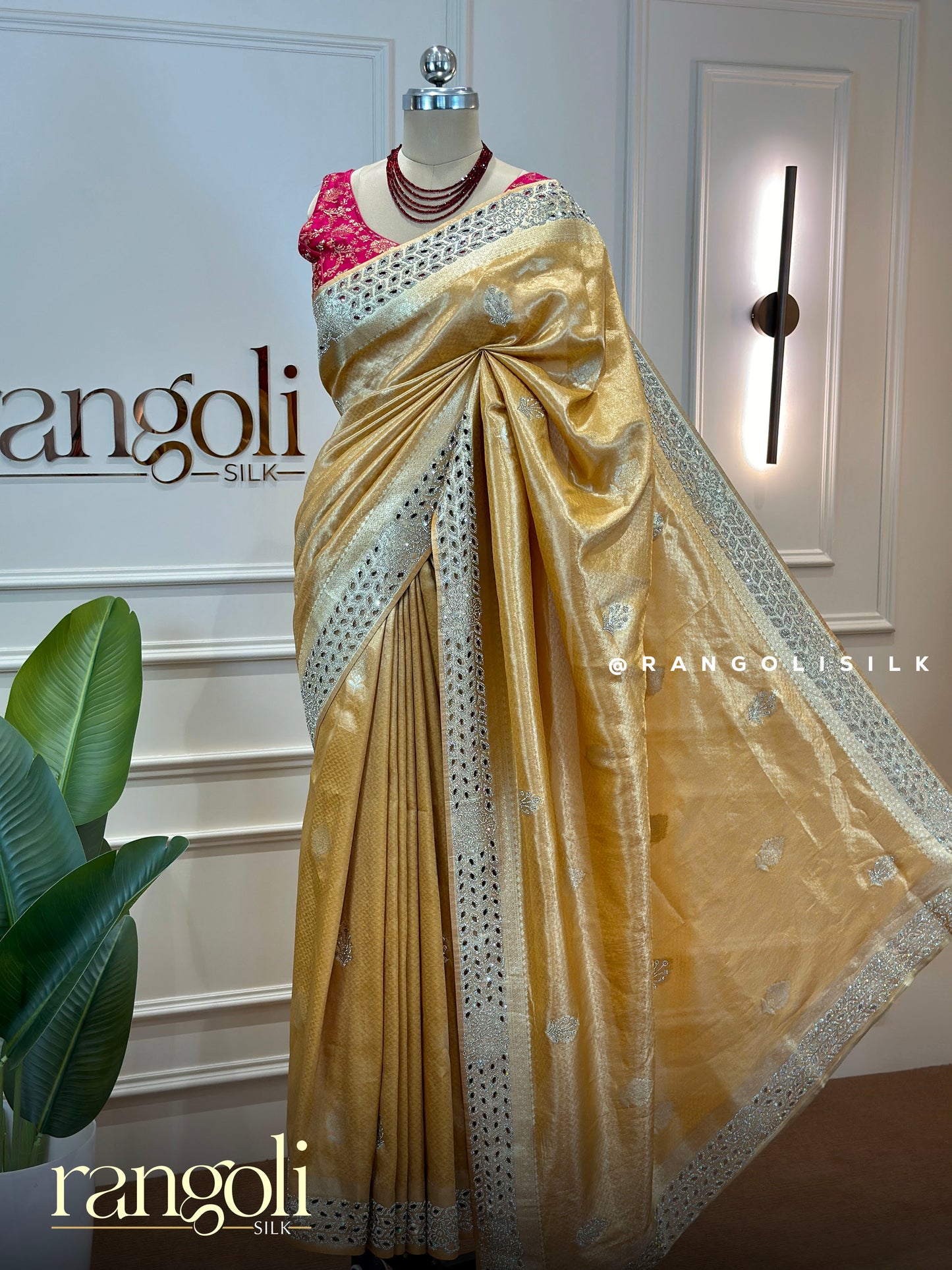 Designer Saree in Golden Beige with Silver Cutwork Border & Stone Work - Post 864