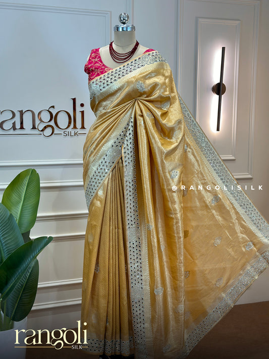 Designer Saree in Golden Beige with Silver Cutwork Border & Stone Work - Post 864