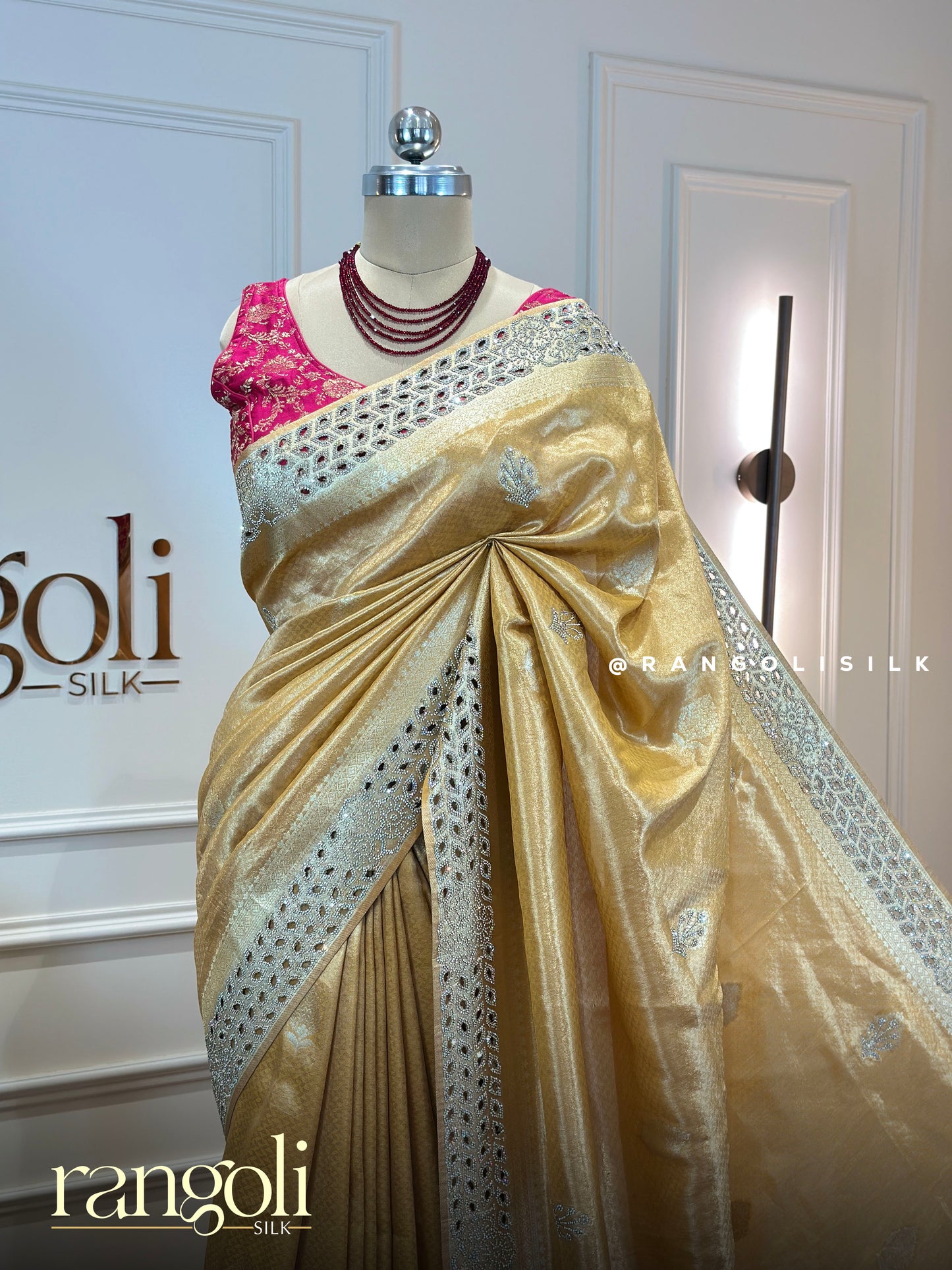 Designer Saree in Golden Beige with Silver Cutwork Border & Stone Work - Post 864