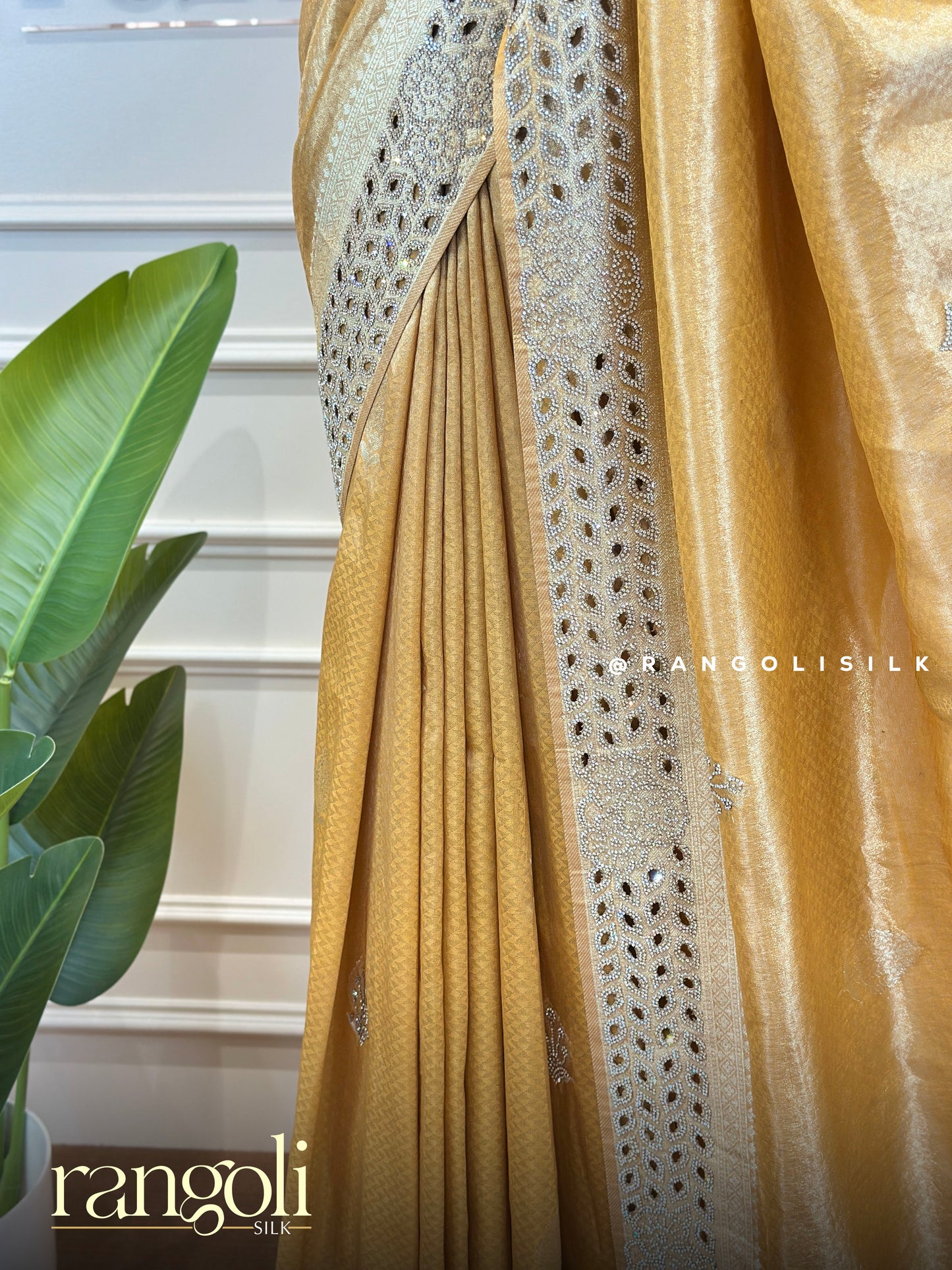 Designer Saree in Golden Beige with Silver Cutwork Border & Stone Work - Post 864
