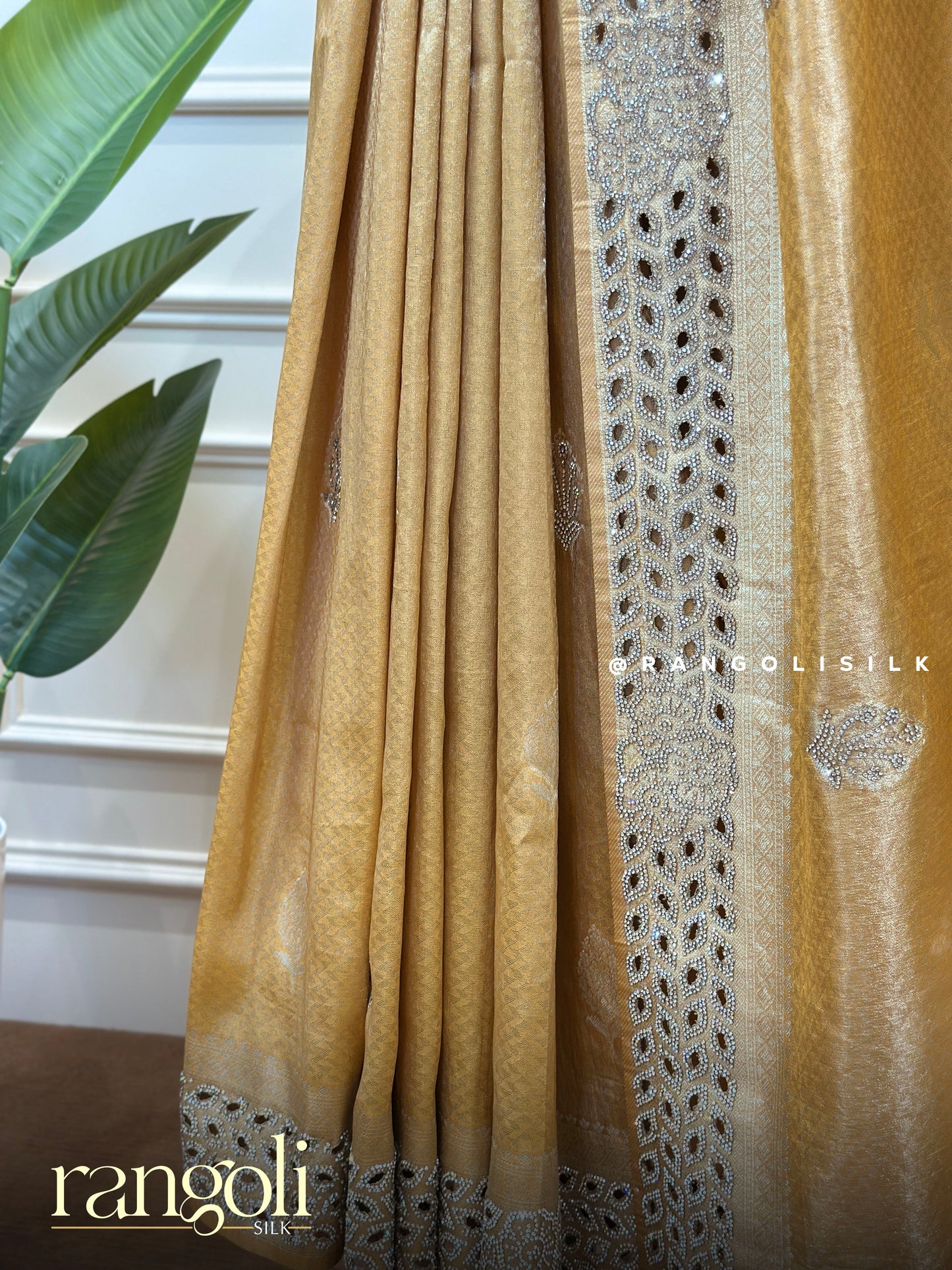 Designer Saree in Golden Beige with Silver Cutwork Border & Stone Work - Post 864