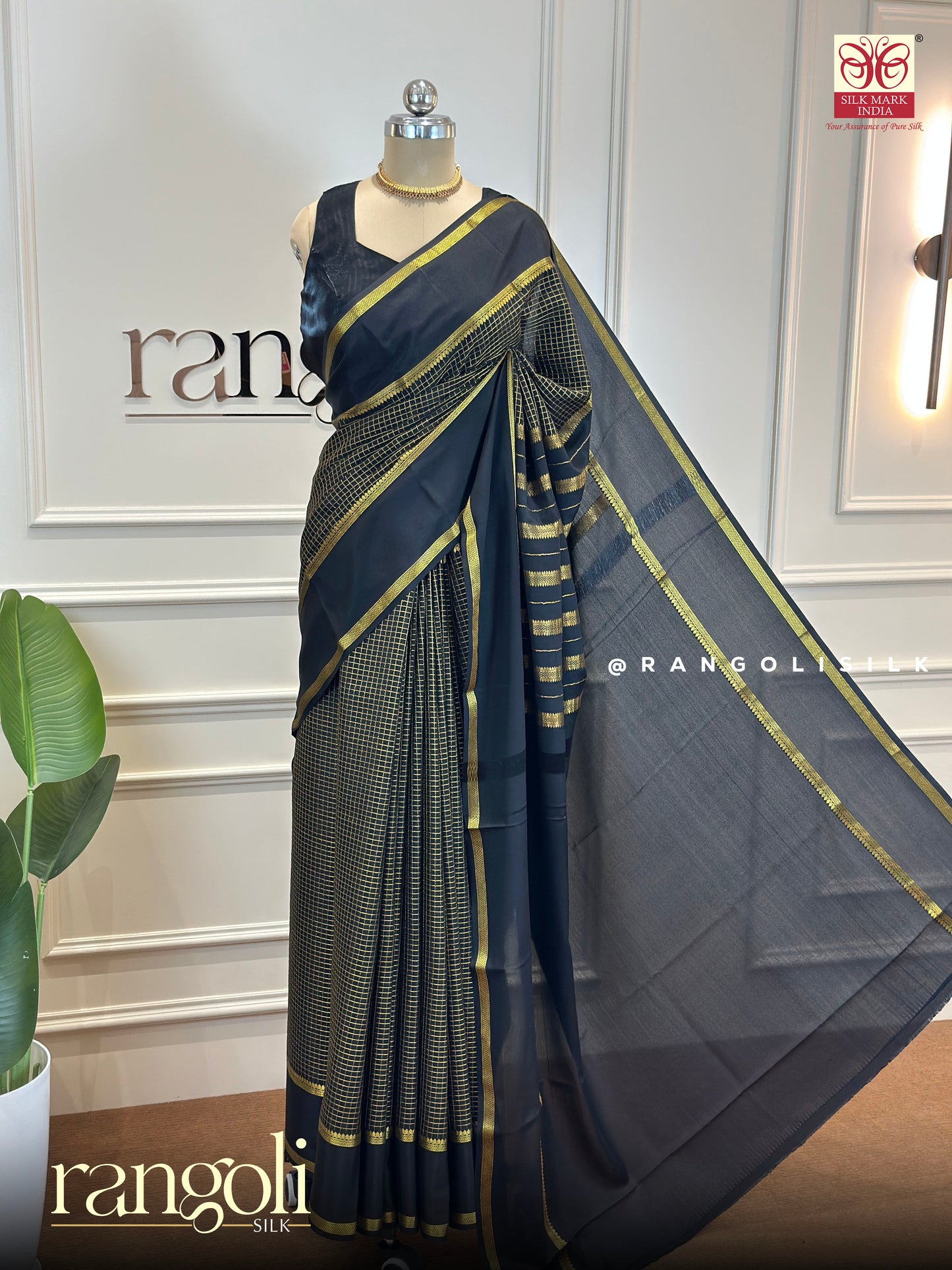 Pure Mysore Silk Saree with Gold Checks & Classic Border - Post 660