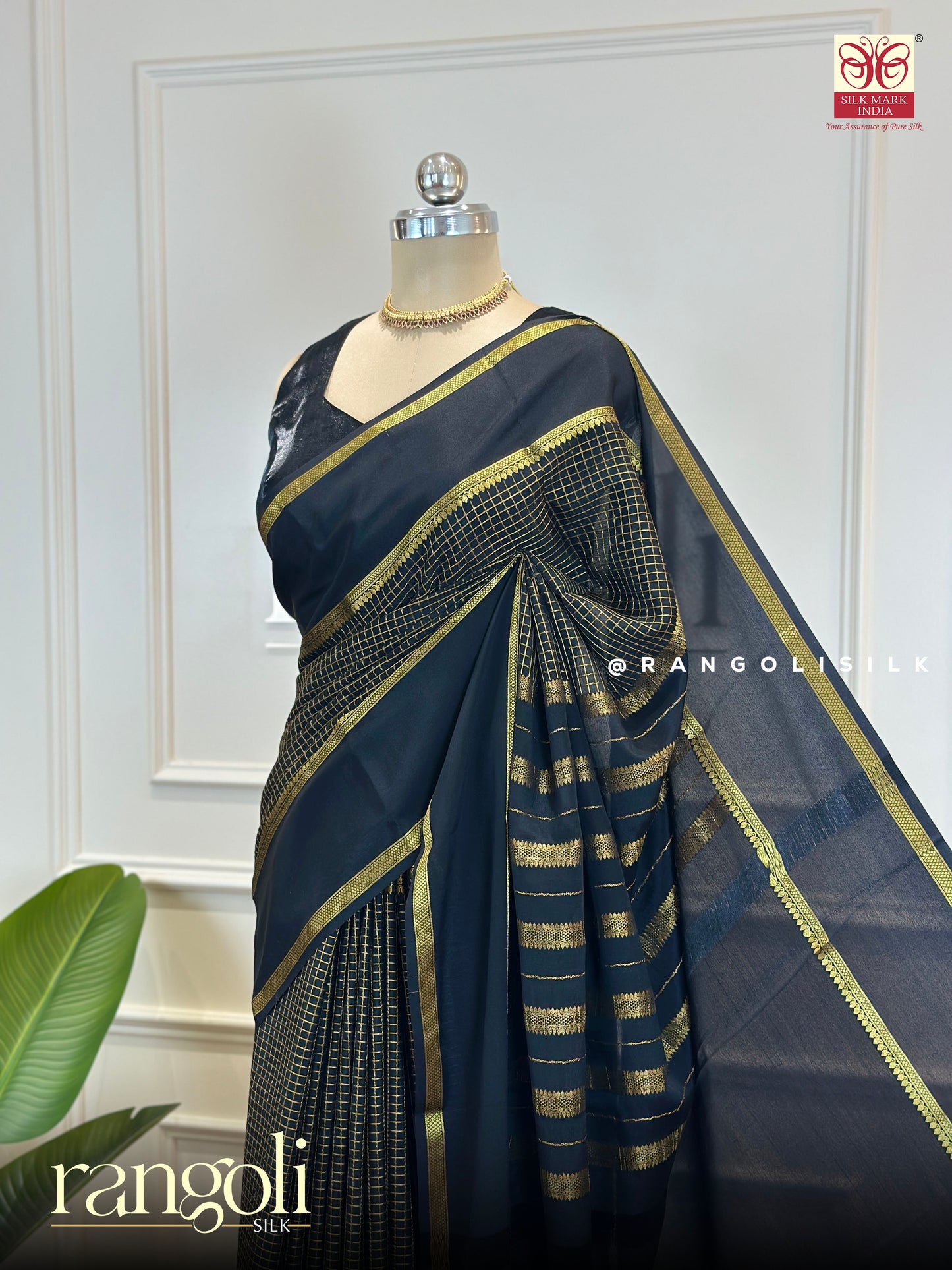 Pure Mysore Silk Saree with Gold Checks & Classic Border - Post 660
