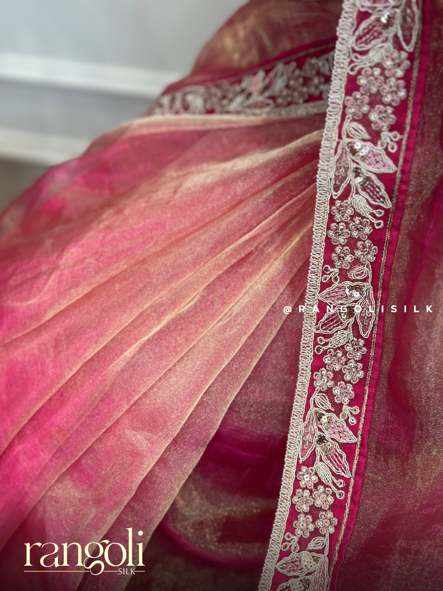 Rose Pink Tissue Organza Designer Saree with Subtle Shimmer & Embroidery - Post 674