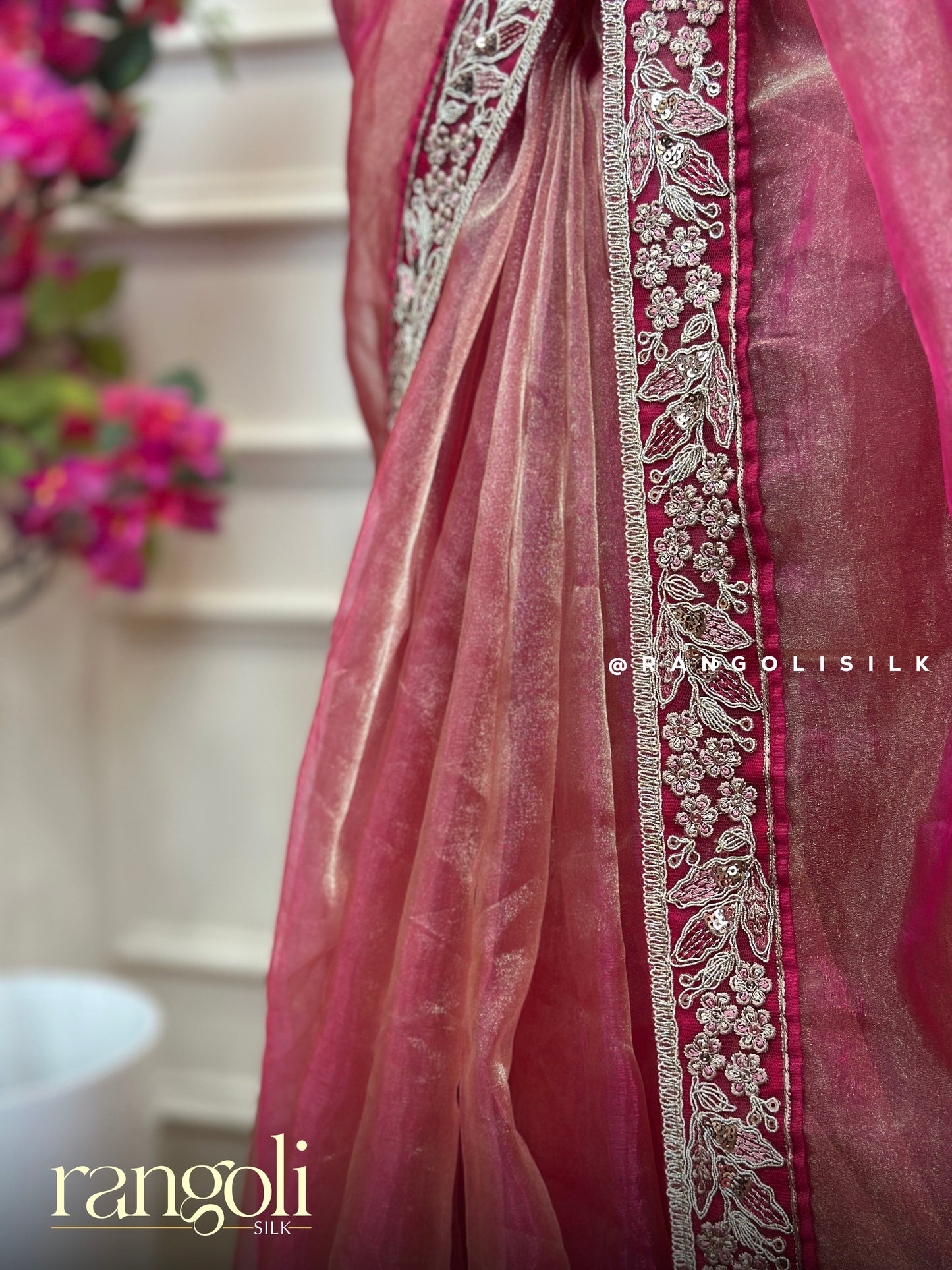 Rose Pink Tissue Organza Designer Saree with Subtle Shimmer & Embroidery - Post 674