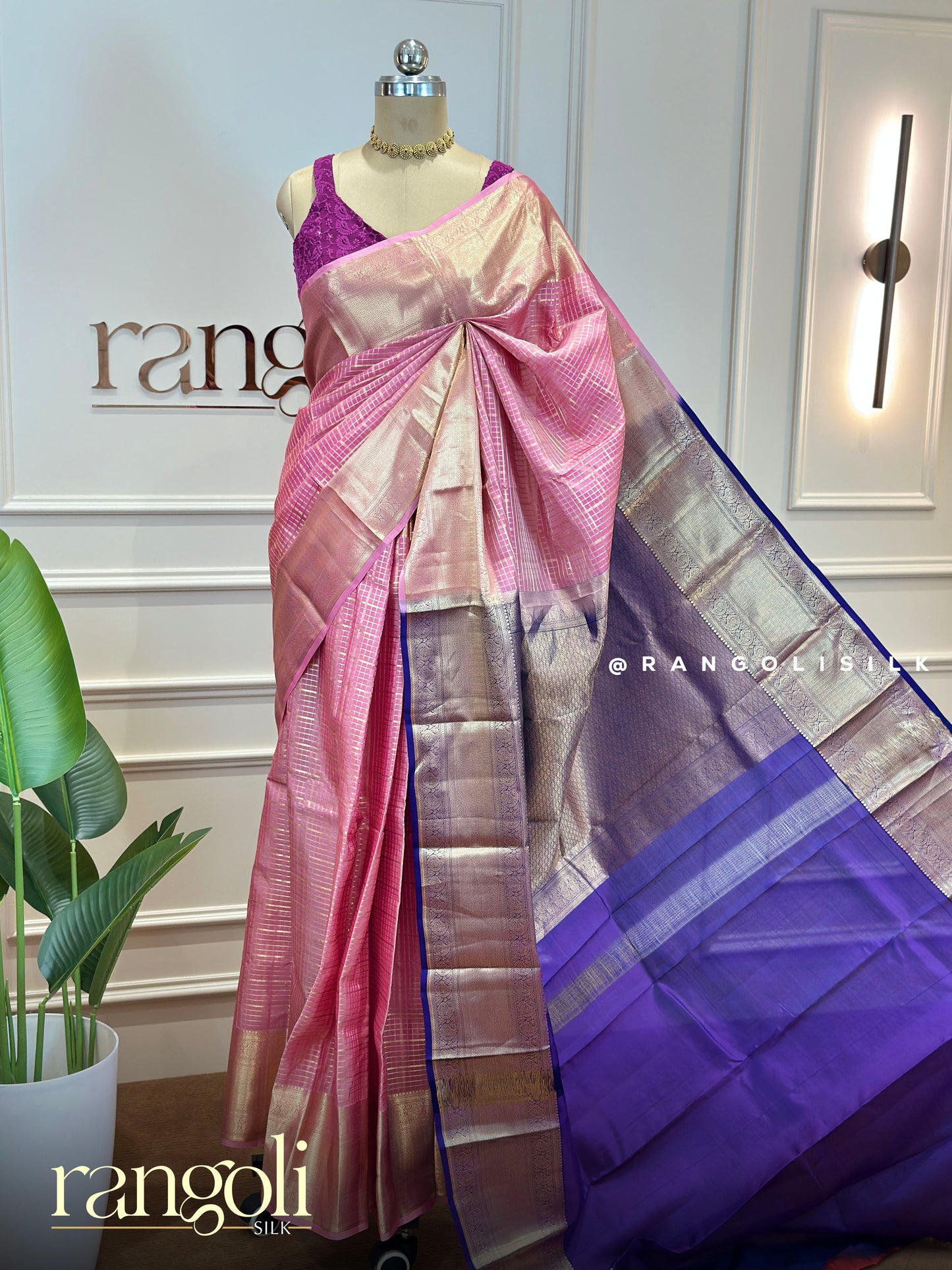 Rose Pink Checks Kanjivaram Silk Saree - Post 738